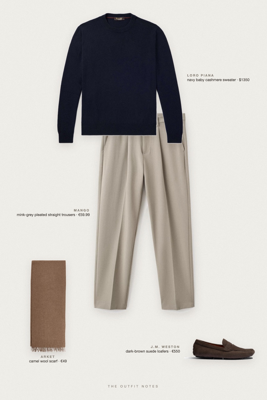 Flat-lay of the pieces in this outfit: navy baby cashmere sweater, mink-grey pleated straight trousers, dark-brown suede loafers, camel wool scarf.