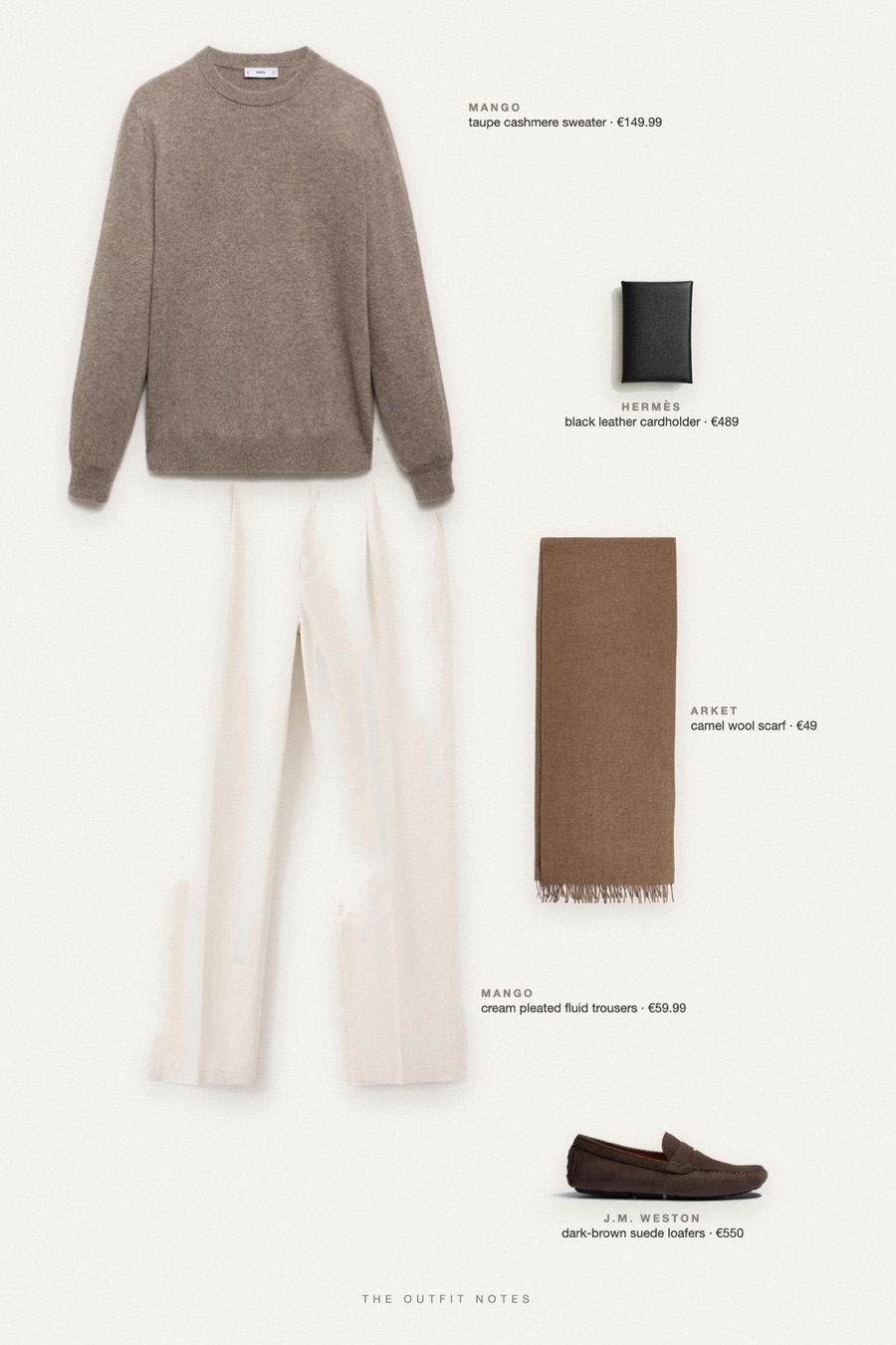 Flat-lay of the pieces in this outfit: taupe cashmere sweater, cream pleated fluid trousers, dark-brown suede loafers, black leather cardholder, camel wool scarf.