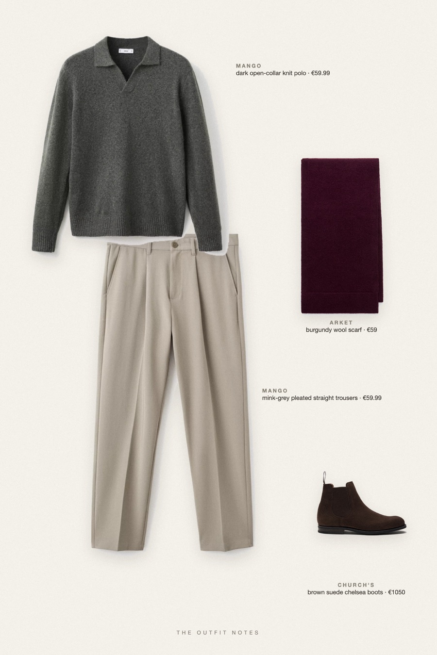 Flat-lay of the pieces in this outfit: dark open-collar knit polo, mink-grey pleated straight trousers, brown suede chelsea boots, burgundy wool scarf.