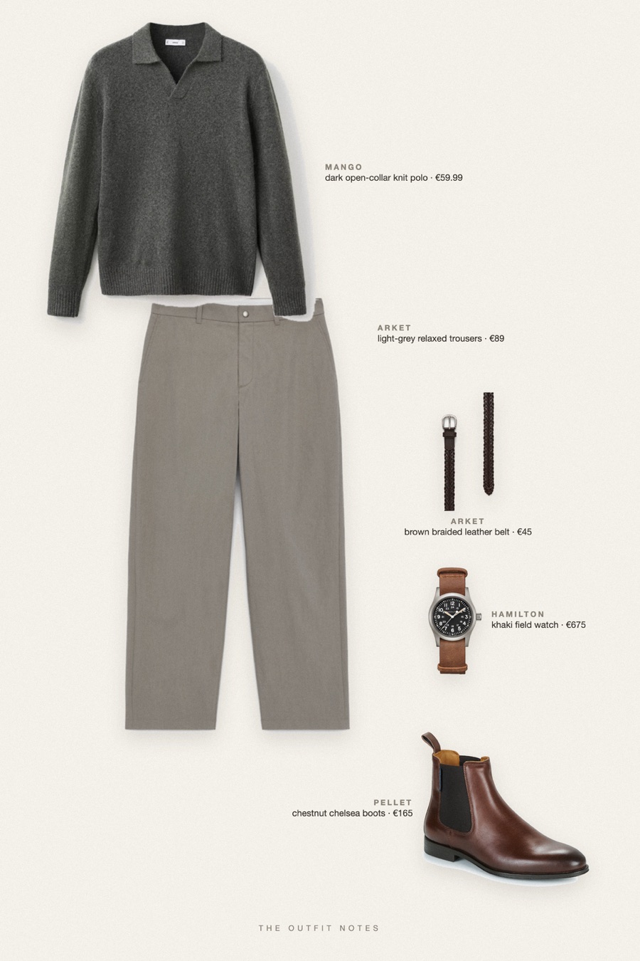 Flat-lay of the pieces in this outfit: dark open-collar knit polo, light-grey relaxed trousers, chestnut chelsea boots, brown braided leather belt, khaki field watch.