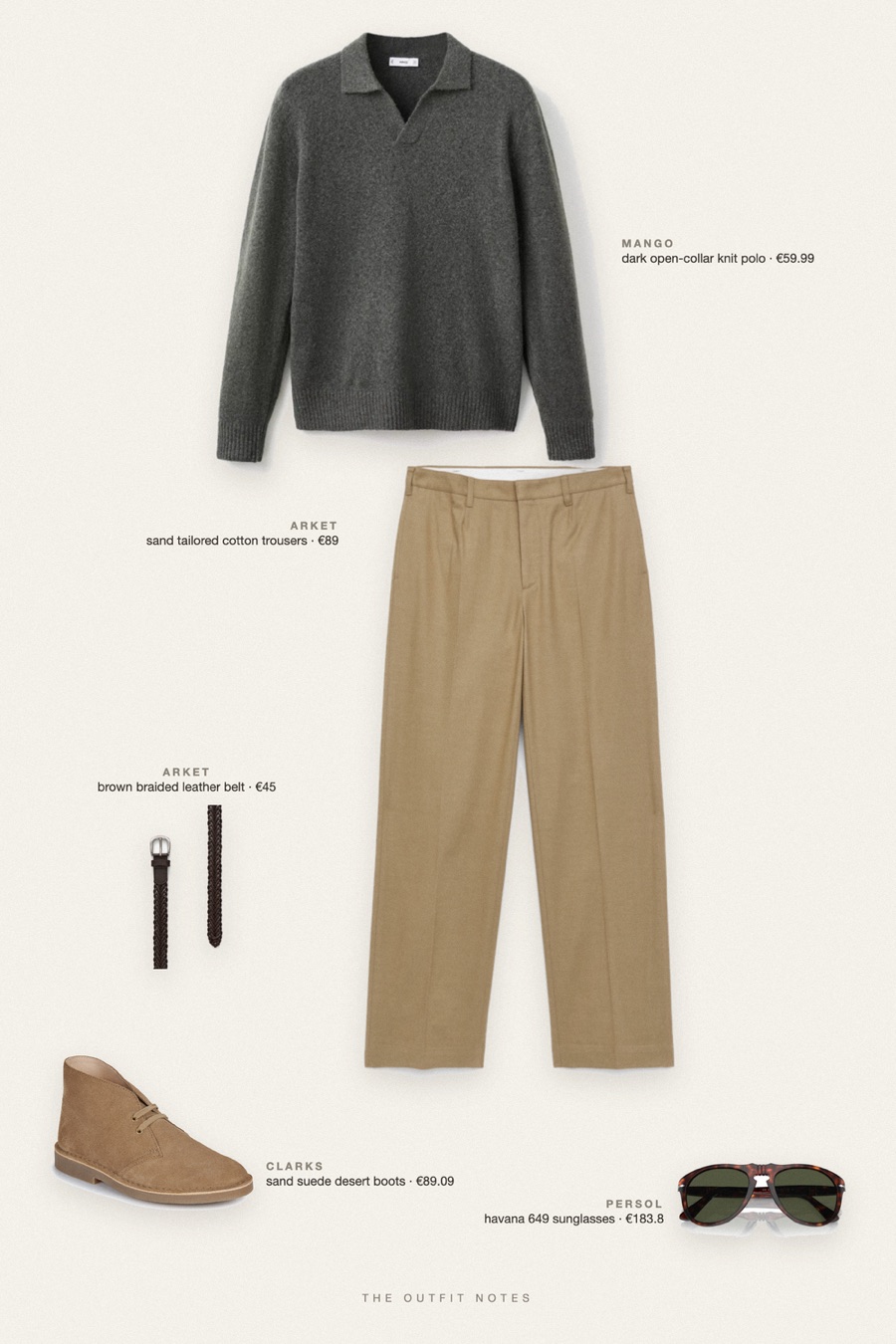 Flat-lay of the pieces in this outfit: dark open-collar knit polo, sand tailored cotton trousers, sand suede desert boots, brown braided leather belt, havana 649 sunglasses.