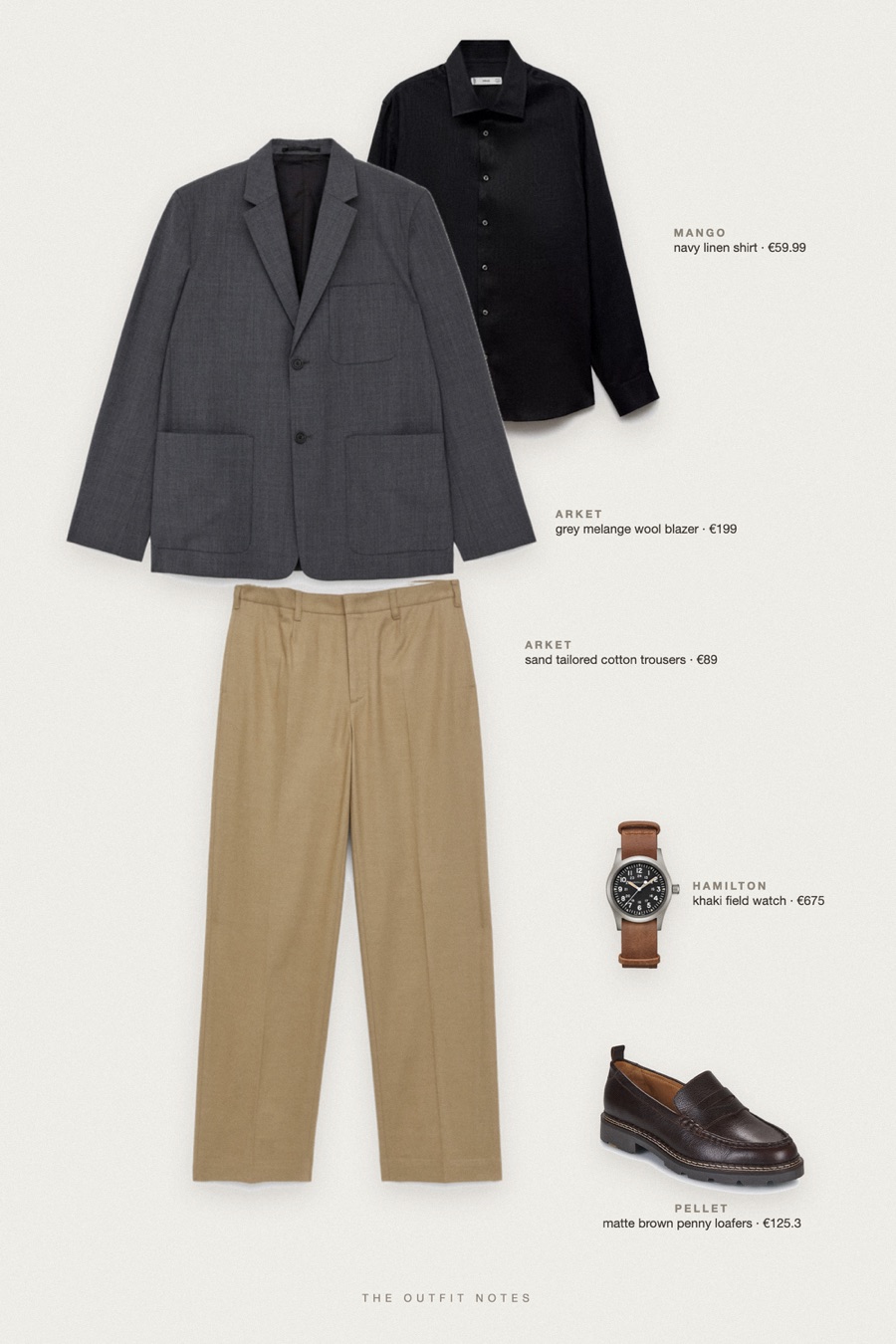 Flat-lay of the pieces in this outfit: grey melange wool blazer, navy linen shirt, sand tailored cotton trousers, matte brown penny loafers, khaki field watch.