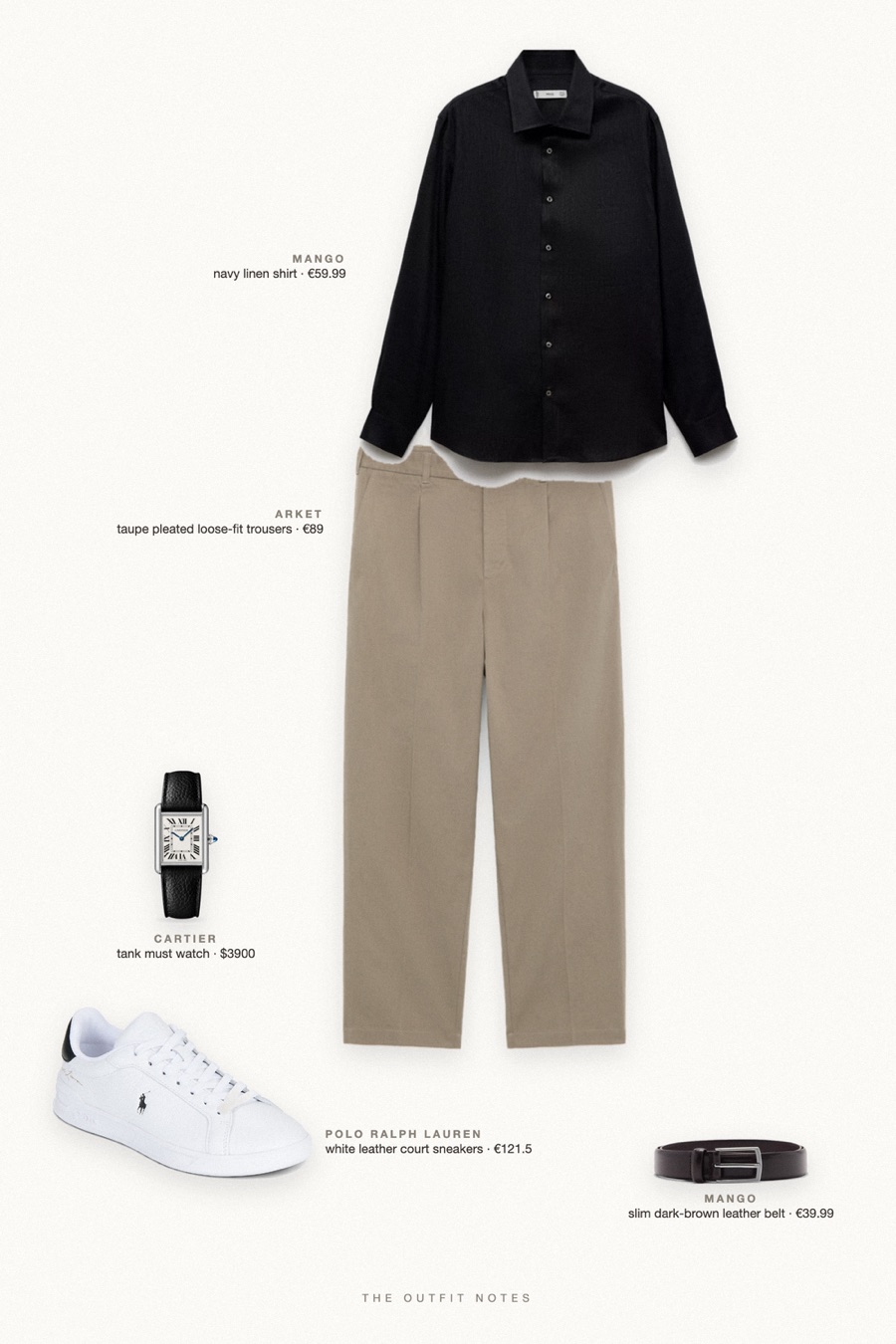 Flat-lay of the pieces in this outfit: navy linen shirt, taupe pleated loose-fit trousers, white leather court sneakers, slim dark-brown leather belt, tank must watch.
