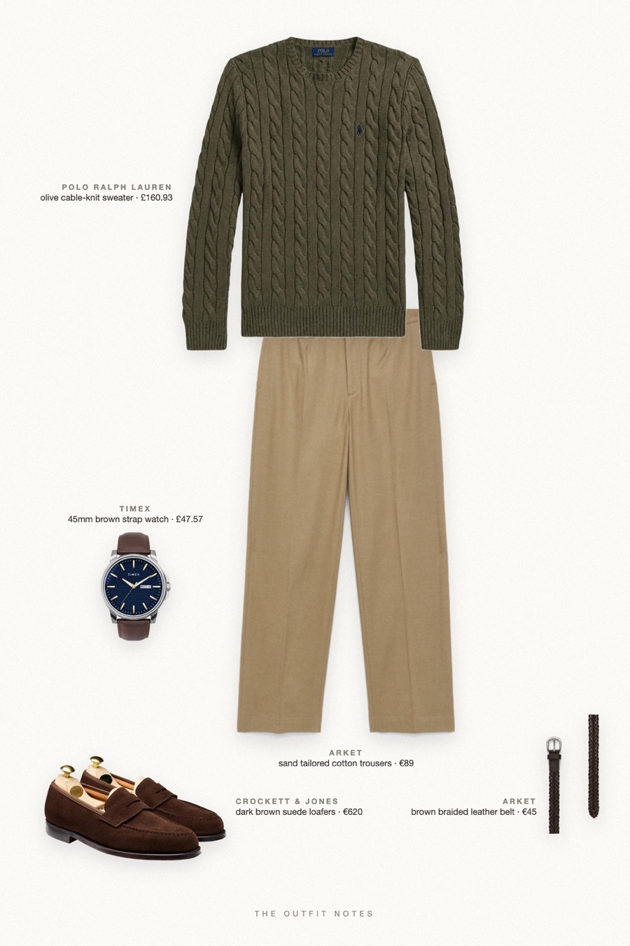 Flat-lay of the pieces in this outfit: olive cable-knit sweater, sand tailored cotton trousers, dark brown suede loafers, 45mm brown strap watch, brown braided leather belt.
