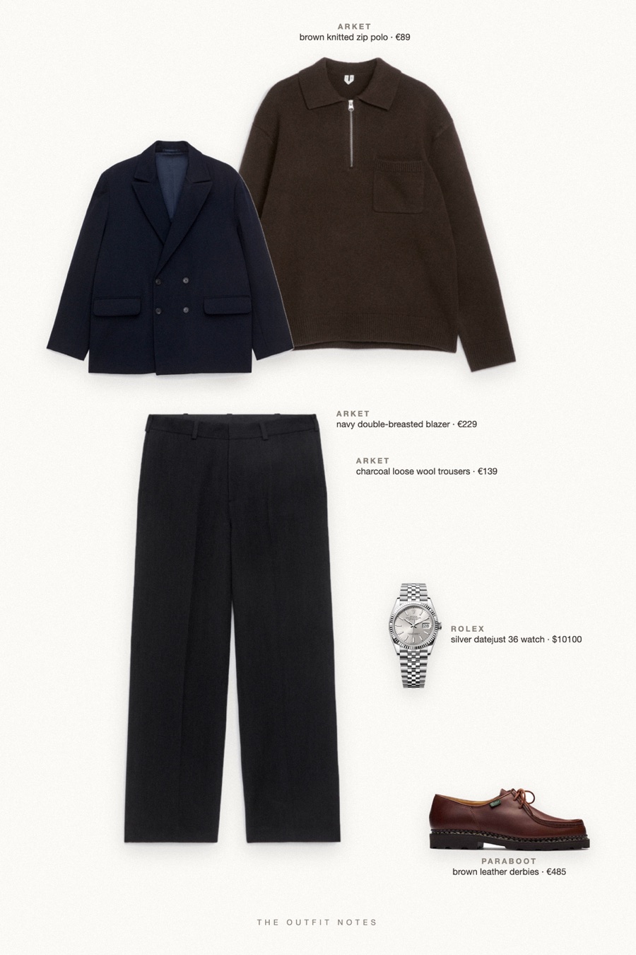 Flat-lay of the pieces in this outfit: navy double-breasted blazer, brown knitted zip polo, charcoal loose wool trousers, brown leather derbies, silver datejust 36 watch.