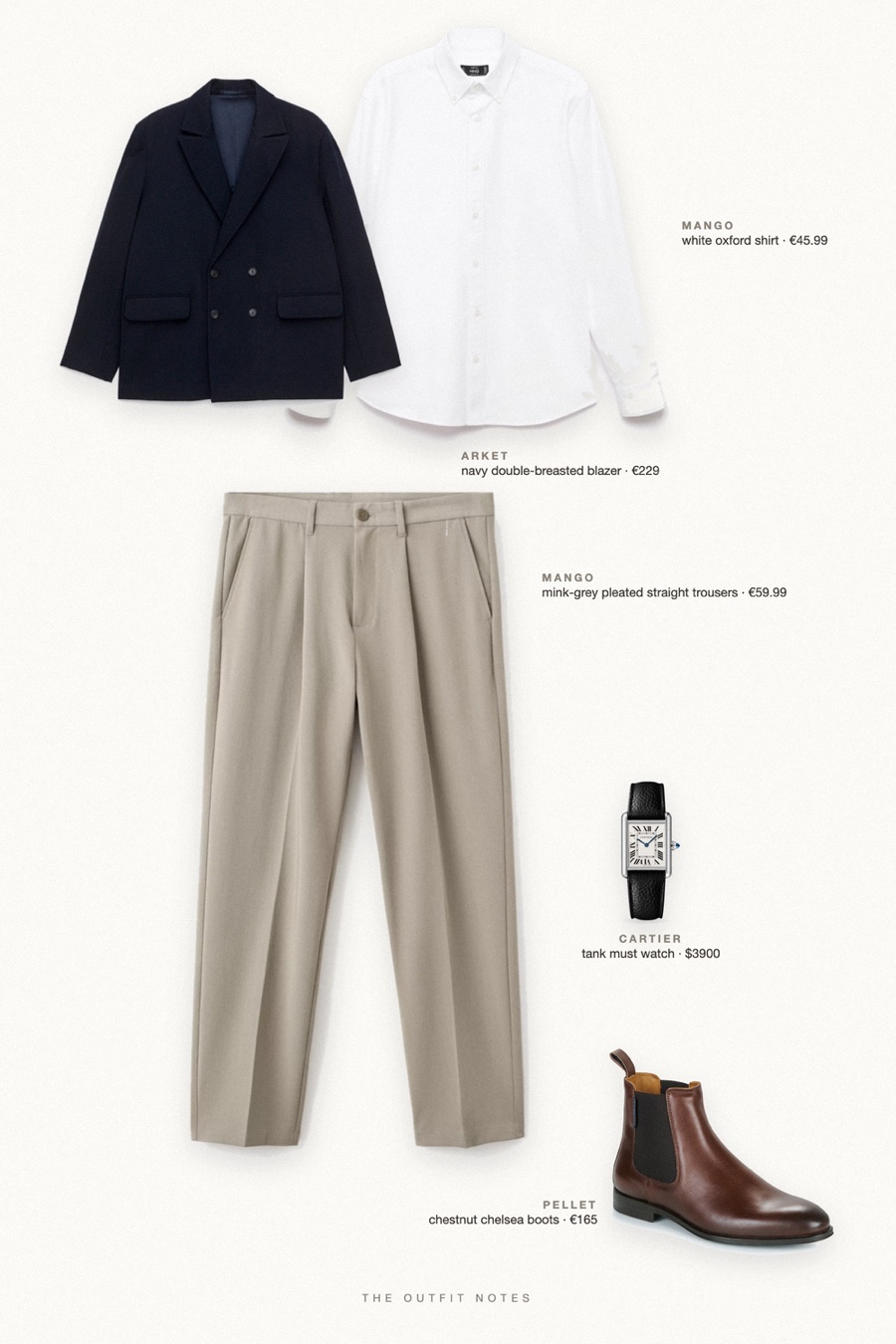 Flat-lay of the pieces in this outfit: navy double-breasted blazer, white oxford shirt, mink-grey pleated straight trousers, chestnut chelsea boots, tank must watch.