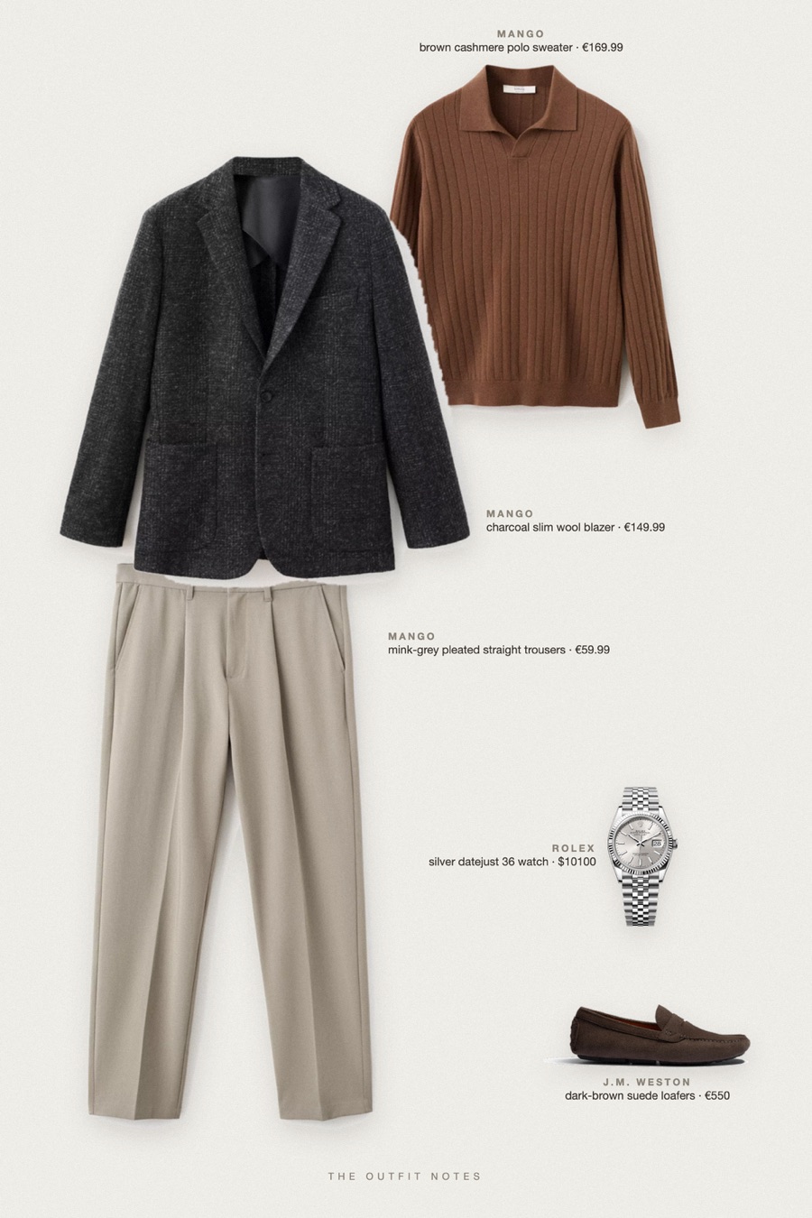 Flat-lay of the pieces in this outfit: charcoal slim wool blazer, brown cashmere polo sweater, mink-grey pleated straight trousers, dark-brown suede loafers, silver datejust 36 watch.