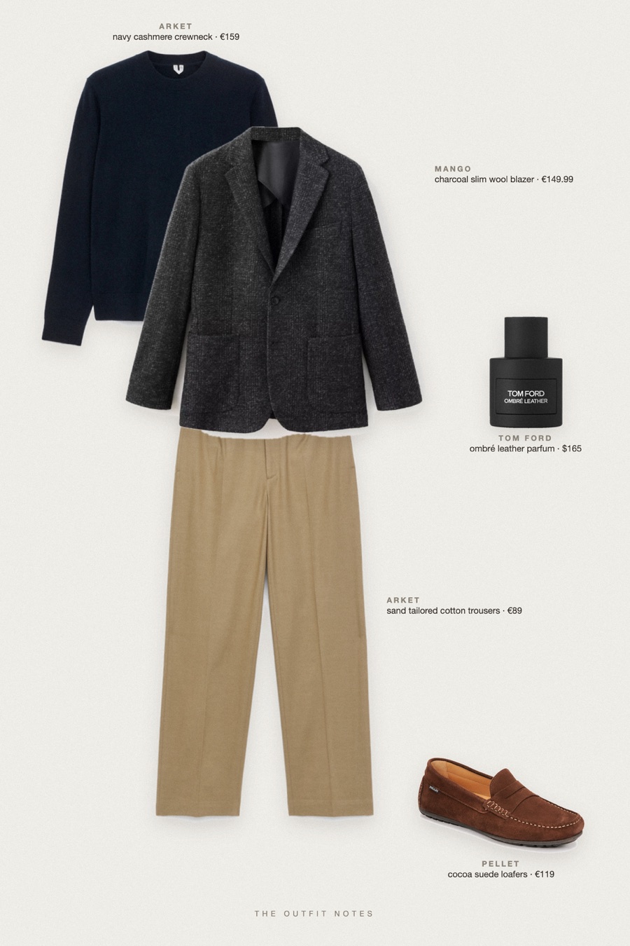 Flat-lay of the pieces in this outfit: charcoal slim wool blazer, navy cashmere crewneck, sand tailored cotton trousers, cocoa suede loafers, ombré leather parfum.
