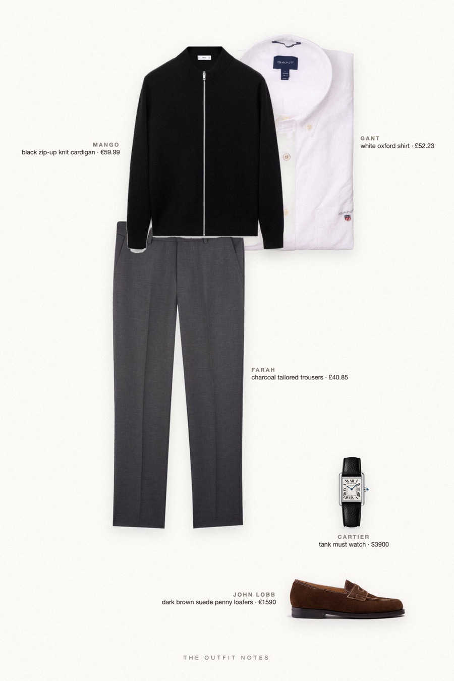 Flat-lay of the pieces in this outfit: black zip-up knit cardigan, white oxford shirt, charcoal tailored trousers, dark brown suede penny loafers, tank must watch.