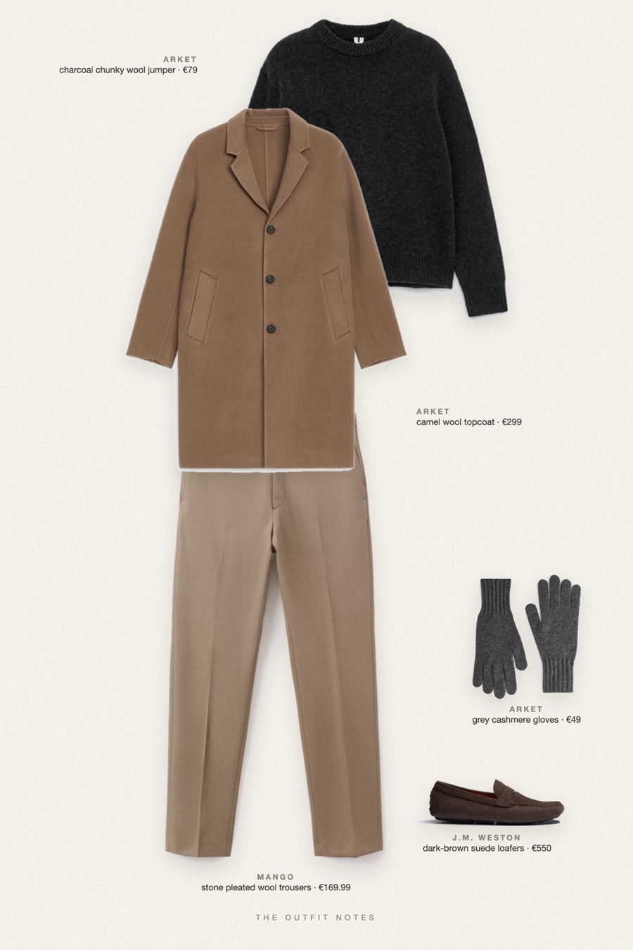 Flat-lay of the pieces in this outfit: camel wool topcoat, charcoal chunky wool jumper, stone pleated wool trousers, dark-brown suede loafers, grey cashmere gloves.