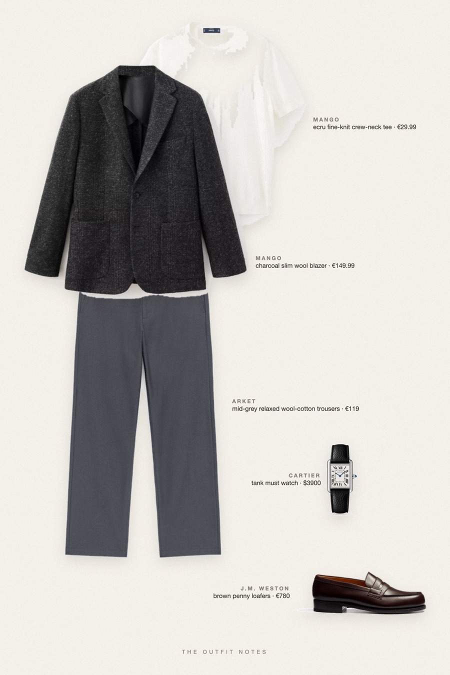 Flat-lay of the pieces in this outfit: charcoal slim wool blazer, ecru fine-knit crew-neck tee, mid-grey relaxed wool-cotton trousers, brown penny loafers, tank must watch.