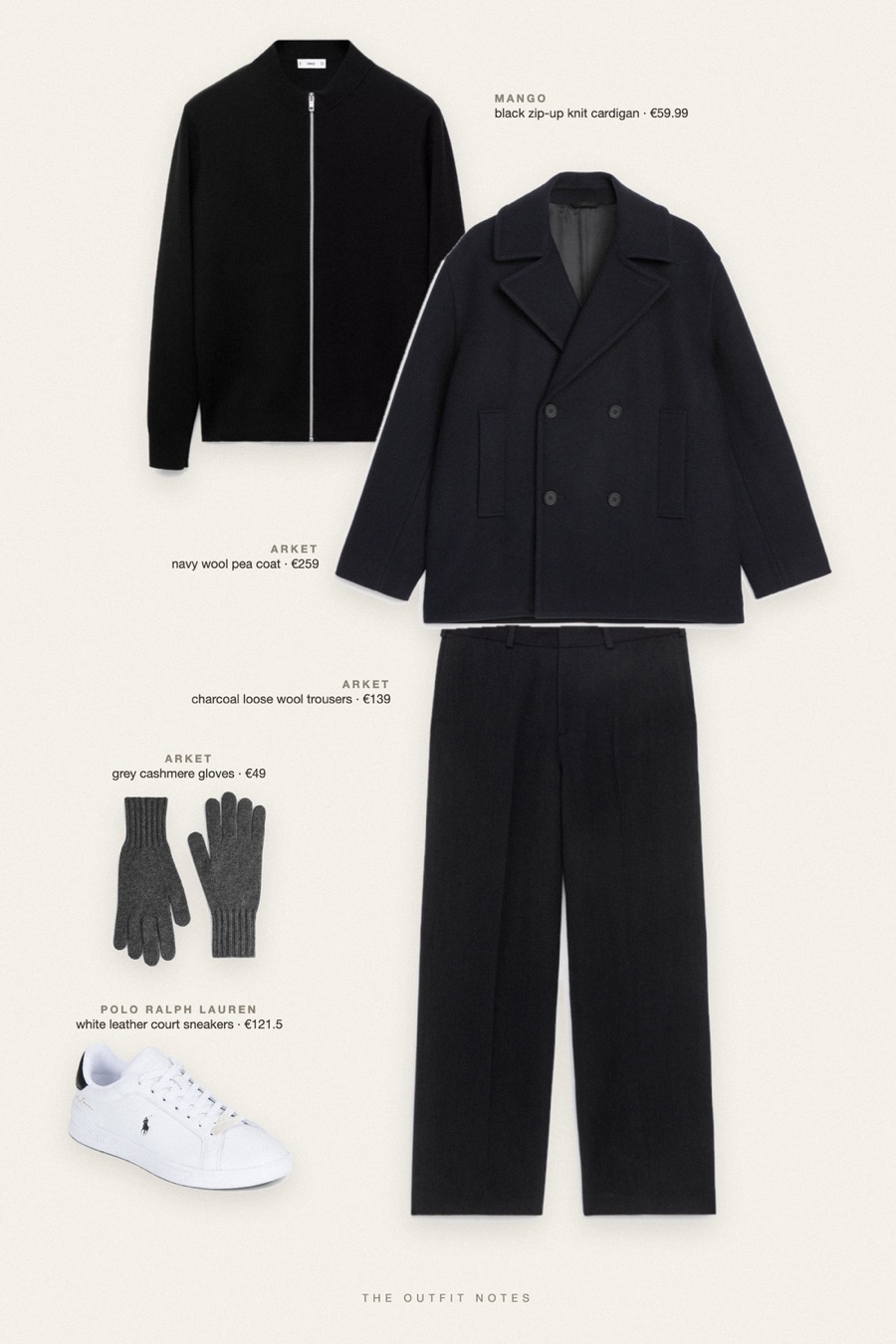 Flat-lay of the pieces in this outfit: navy wool pea coat, black zip-up knit cardigan, charcoal loose wool trousers, white leather court sneakers, grey cashmere gloves.