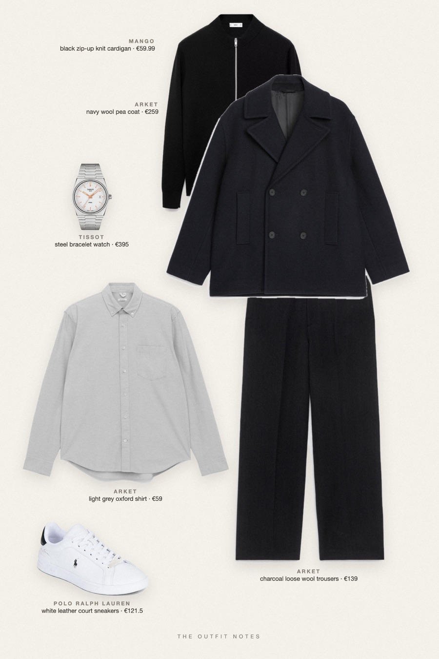 Flat-lay of the pieces in this outfit: navy wool pea coat, black zip-up knit cardigan, light grey oxford shirt, charcoal loose wool trousers, white leather court sneakers, steel bracelet watch.