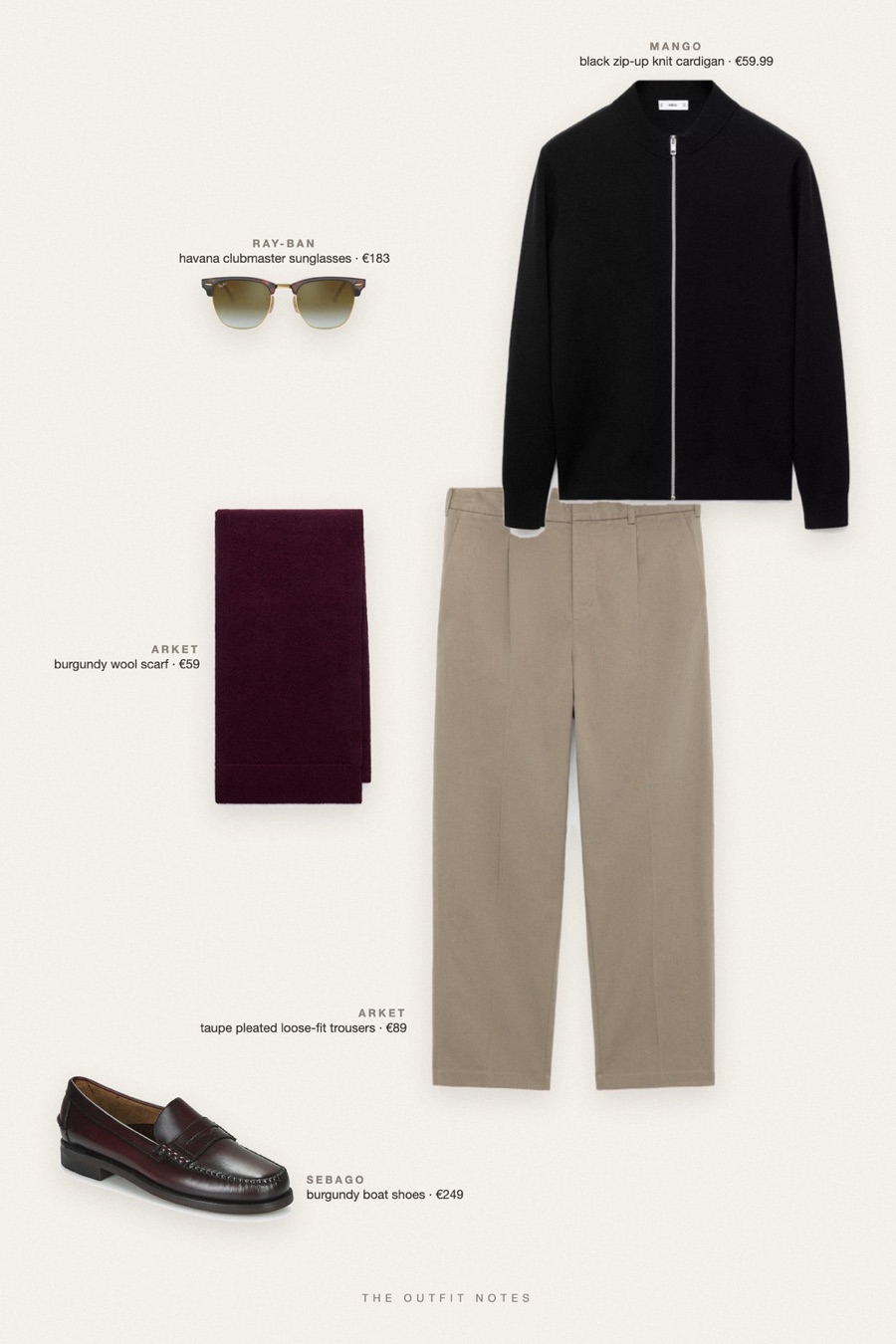 Flat-lay of the pieces in this outfit: black zip-up knit cardigan, taupe pleated loose-fit trousers, burgundy boat shoes, burgundy wool scarf, havana clubmaster sunglasses.