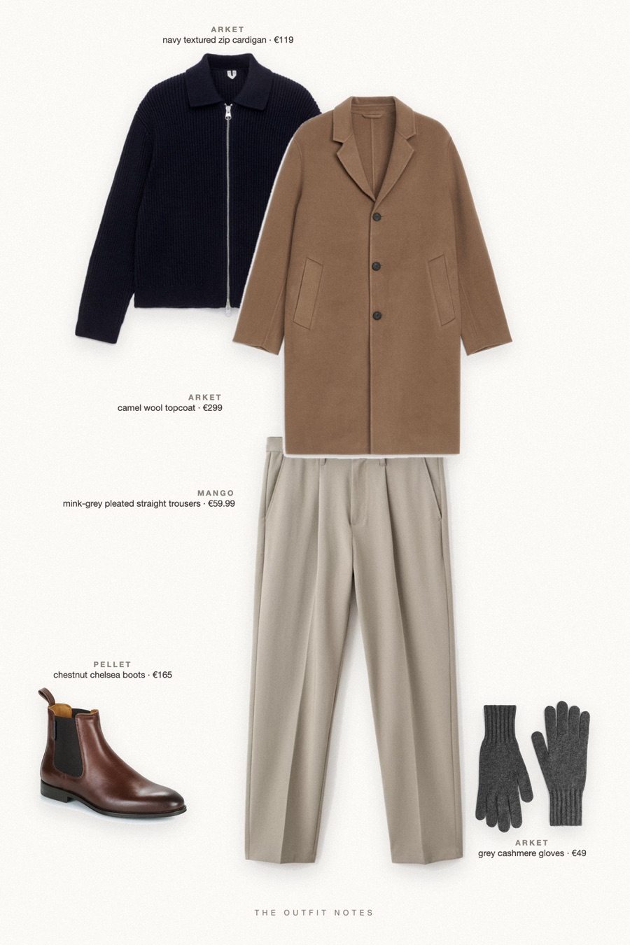 Flat-lay of the pieces in this outfit: camel wool topcoat, navy textured zip cardigan, mink-grey pleated straight trousers, chestnut chelsea boots, grey cashmere gloves.