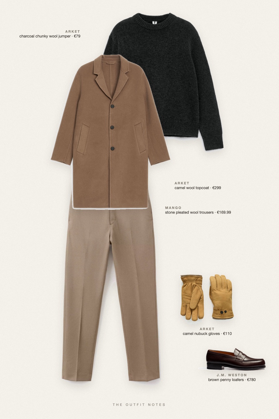 Flat-lay of the pieces in this outfit: camel wool topcoat, charcoal chunky wool jumper, stone pleated wool trousers, brown penny loafers, camel nubuck gloves.