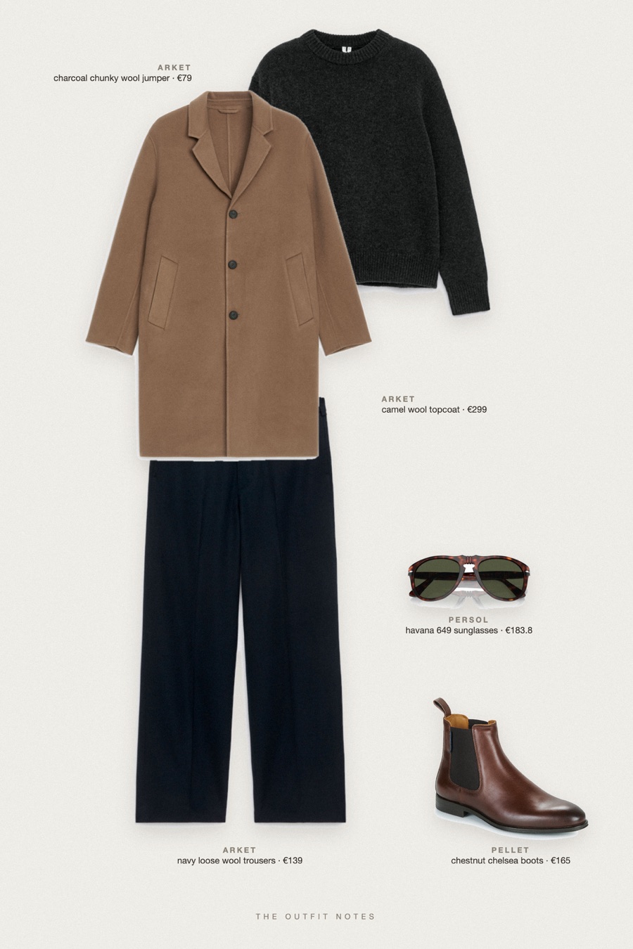Flat-lay of the pieces in this outfit: camel wool topcoat, charcoal chunky wool jumper, navy loose wool trousers, chestnut chelsea boots, havana 649 sunglasses.