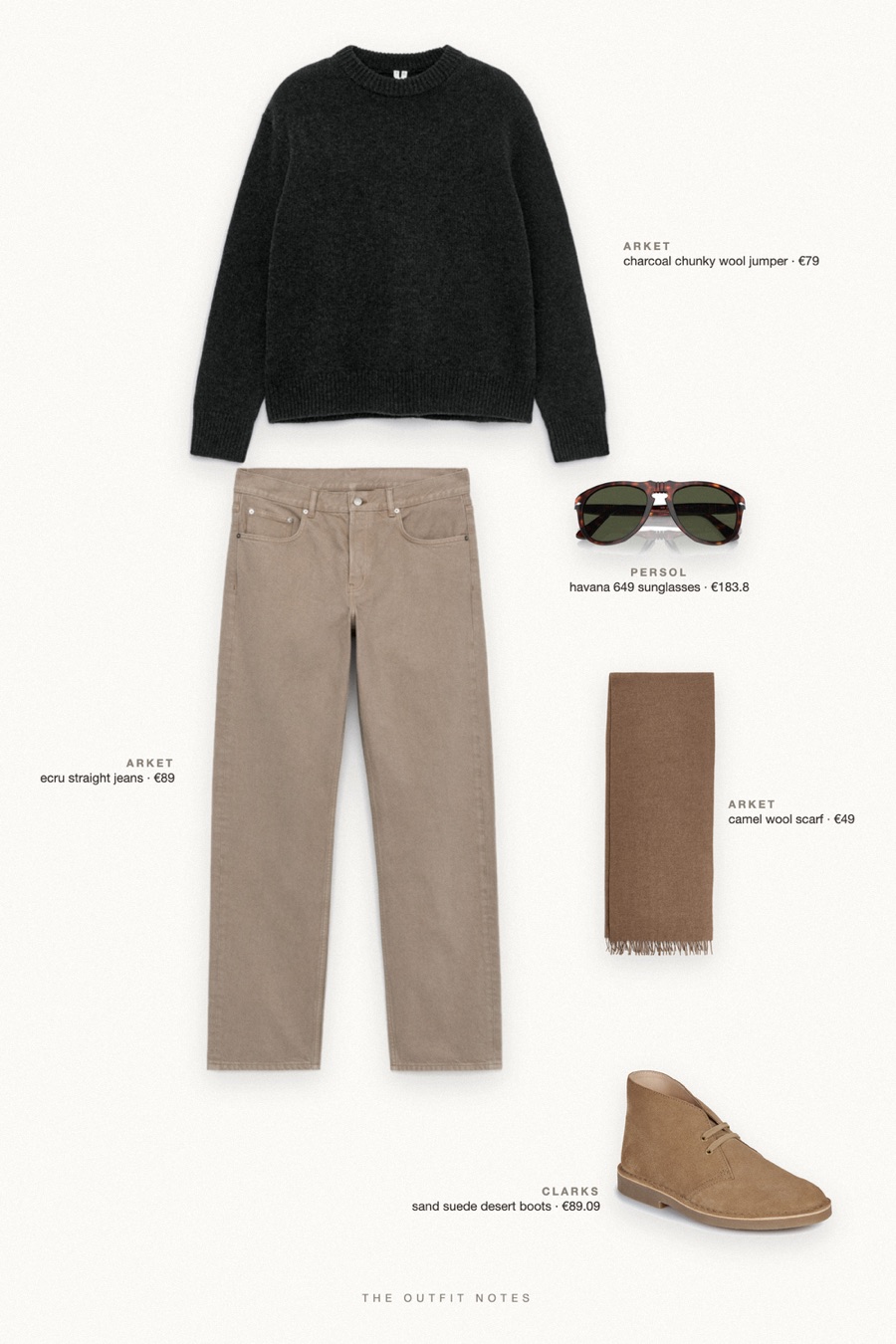 Flat-lay of the pieces in this outfit: charcoal chunky wool jumper, ecru straight jeans, sand suede desert boots, camel wool scarf, havana 649 sunglasses.
