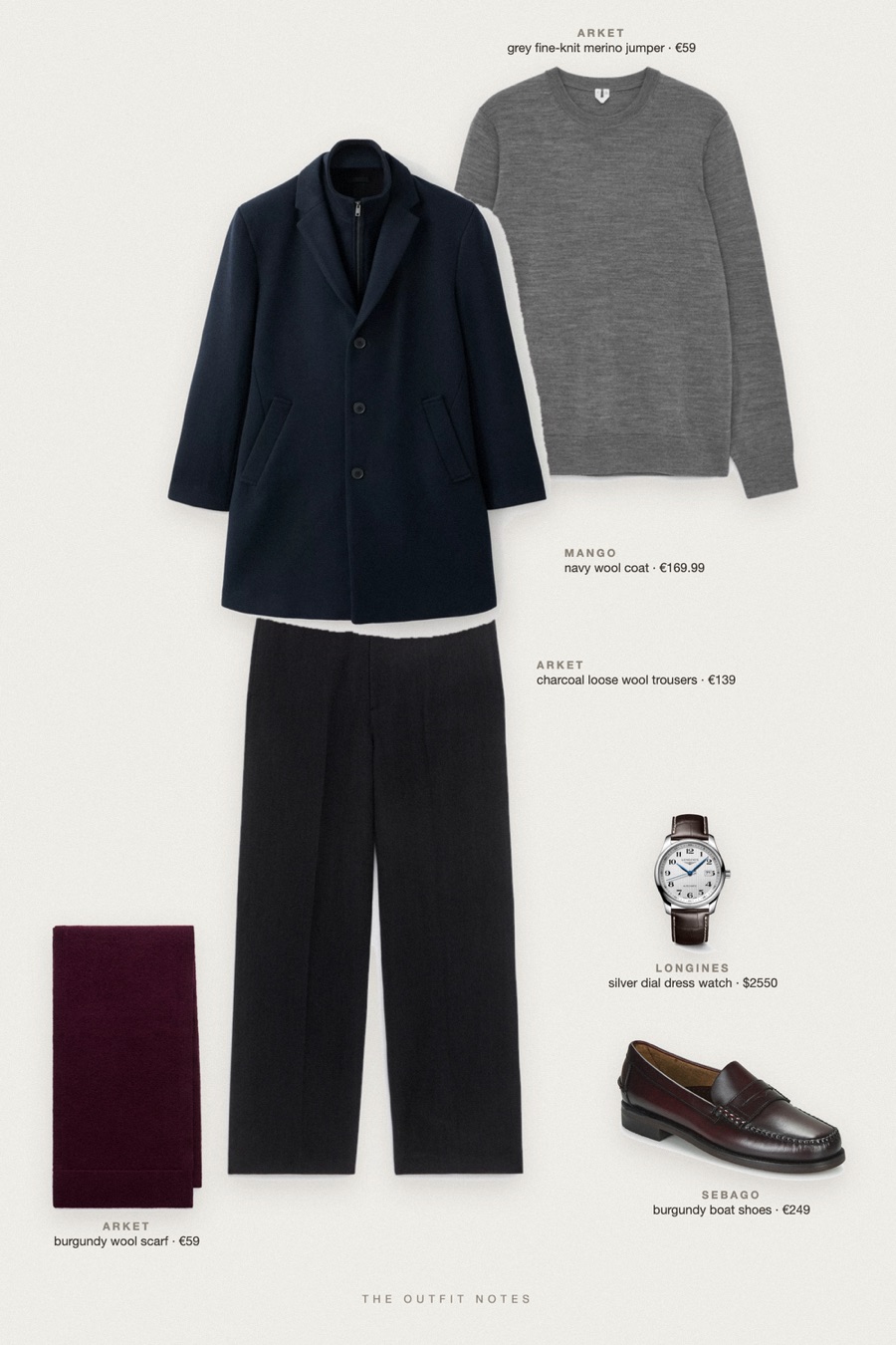 Flat-lay of the pieces in this outfit: navy wool coat, grey fine-knit merino jumper, charcoal loose wool trousers, burgundy boat shoes, burgundy wool scarf, silver dial dress watch.