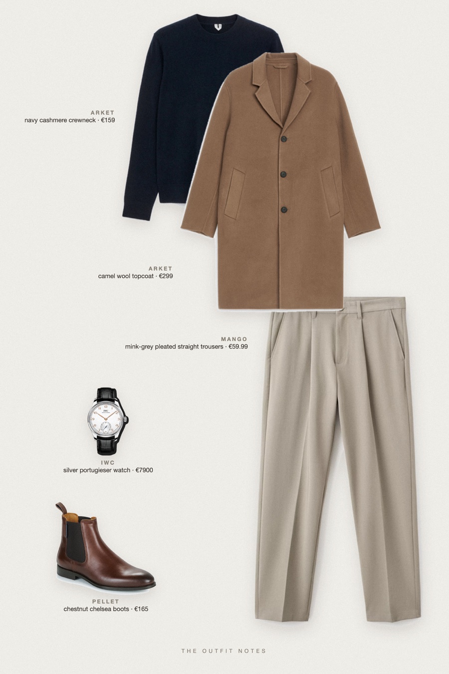 Flat-lay of the pieces in this outfit: camel wool topcoat, navy cashmere crewneck, mink-grey pleated straight trousers, chestnut chelsea boots, silver portugieser watch.