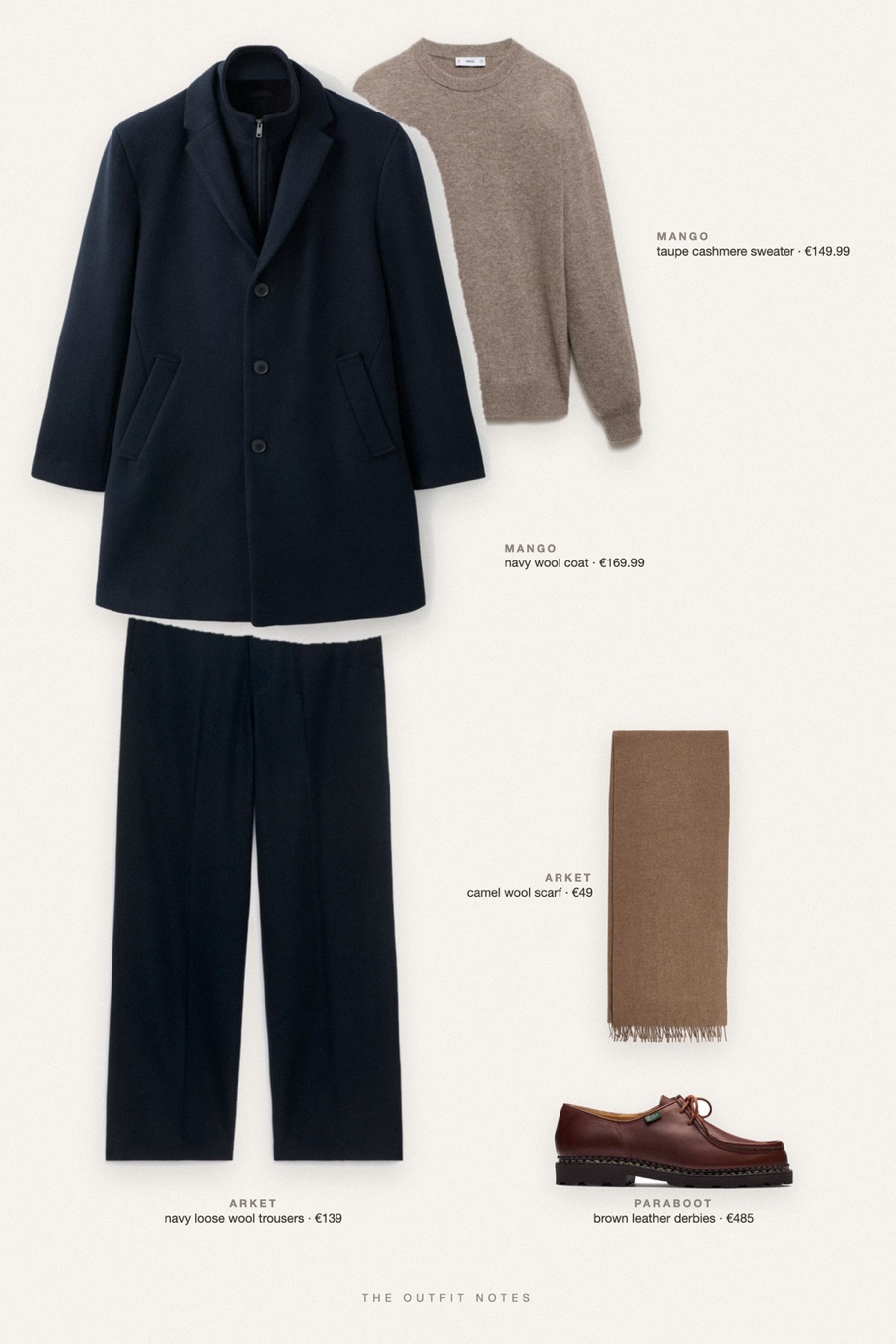 Flat-lay of the pieces in this outfit: navy wool coat, taupe cashmere sweater, navy loose wool trousers, brown leather derbies, camel wool scarf.