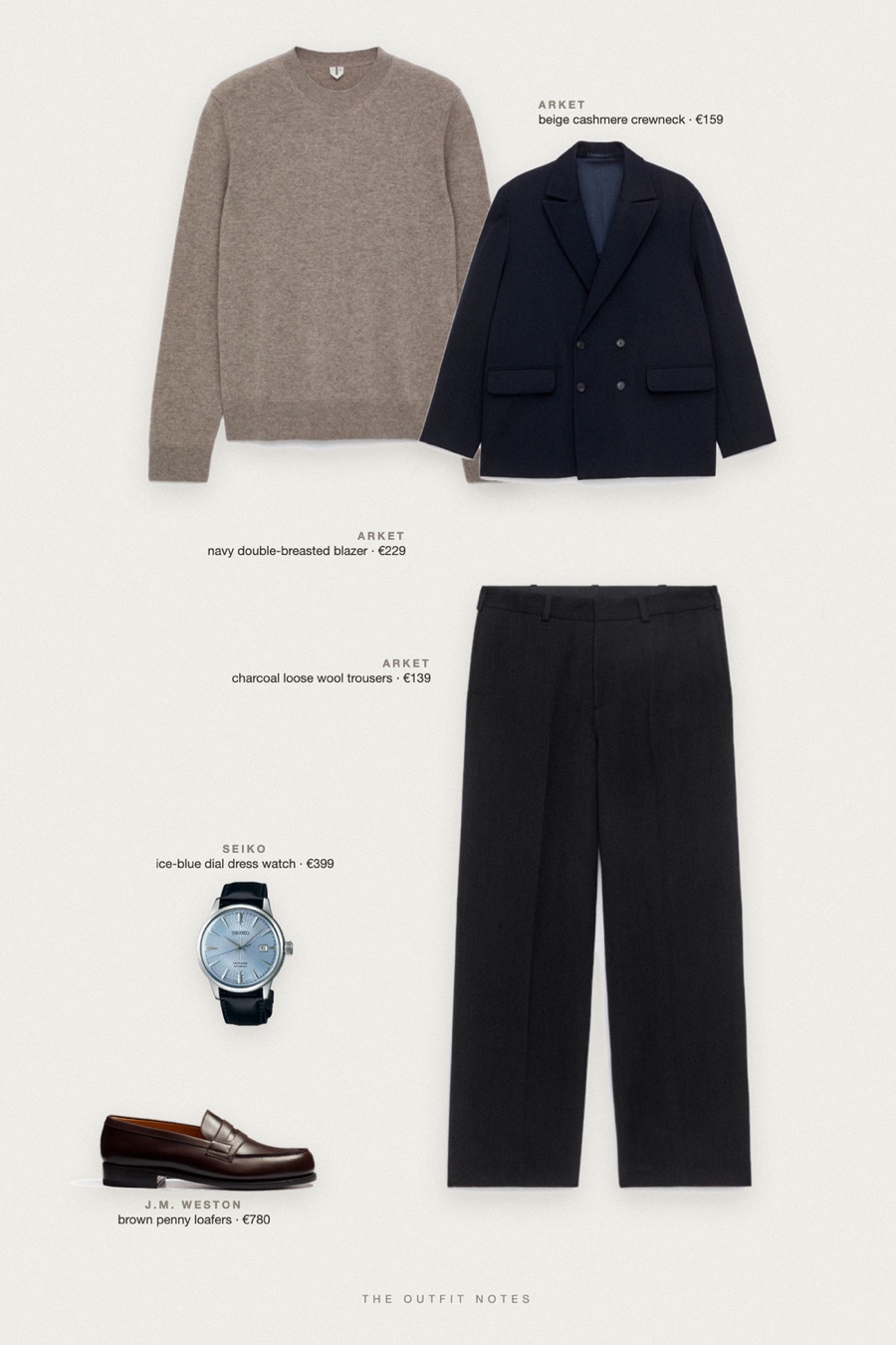 Flat-lay of the pieces in this outfit: navy double-breasted blazer, beige cashmere crewneck, charcoal loose wool trousers, brown penny loafers, ice-blue dial dress watch.