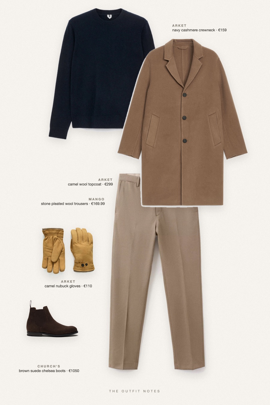 Flat-lay of the pieces in this outfit: camel wool topcoat, navy cashmere crewneck, stone pleated wool trousers, brown suede chelsea boots, camel nubuck gloves.