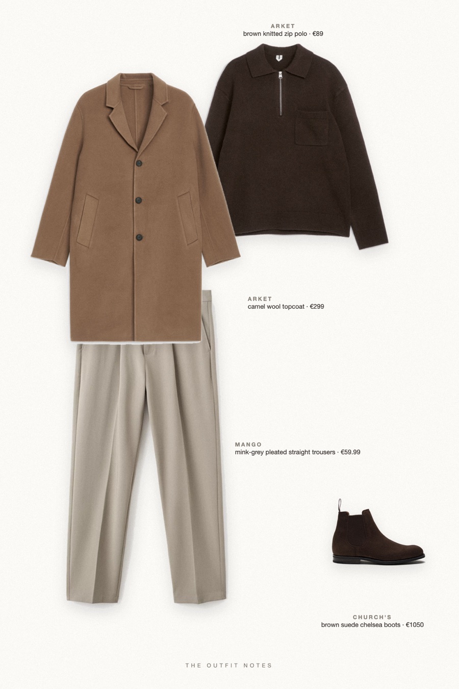 Flat-lay of the pieces in this outfit: camel wool topcoat, brown knitted zip polo, mink-grey pleated straight trousers, brown suede chelsea boots.