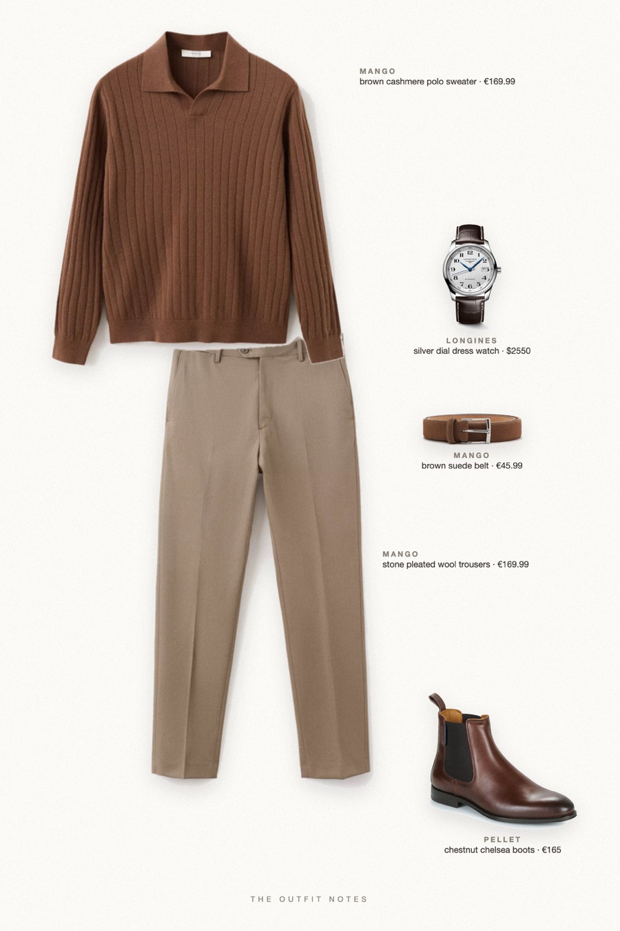 Flat-lay of the pieces in this outfit: brown cashmere polo sweater, stone pleated wool trousers, chestnut chelsea boots, brown suede belt, silver dial dress watch.