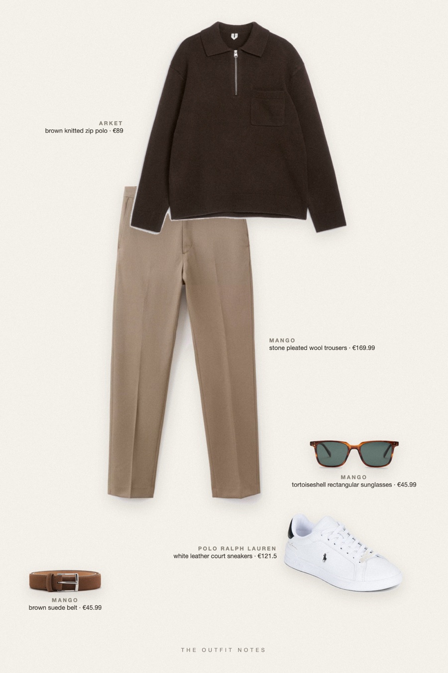Flat-lay of the pieces in this outfit: brown knitted zip polo, stone pleated wool trousers, white leather court sneakers, tortoiseshell rectangular sunglasses, brown suede belt.