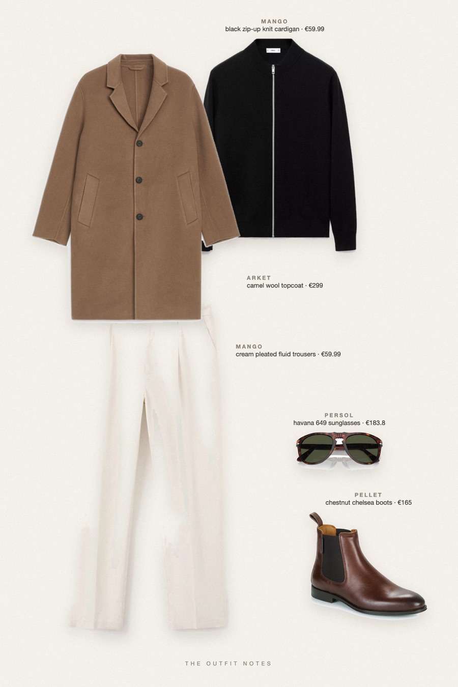 Flat-lay of the pieces in this outfit: camel wool topcoat, black zip-up knit cardigan, cream pleated fluid trousers, chestnut chelsea boots, havana 649 sunglasses.