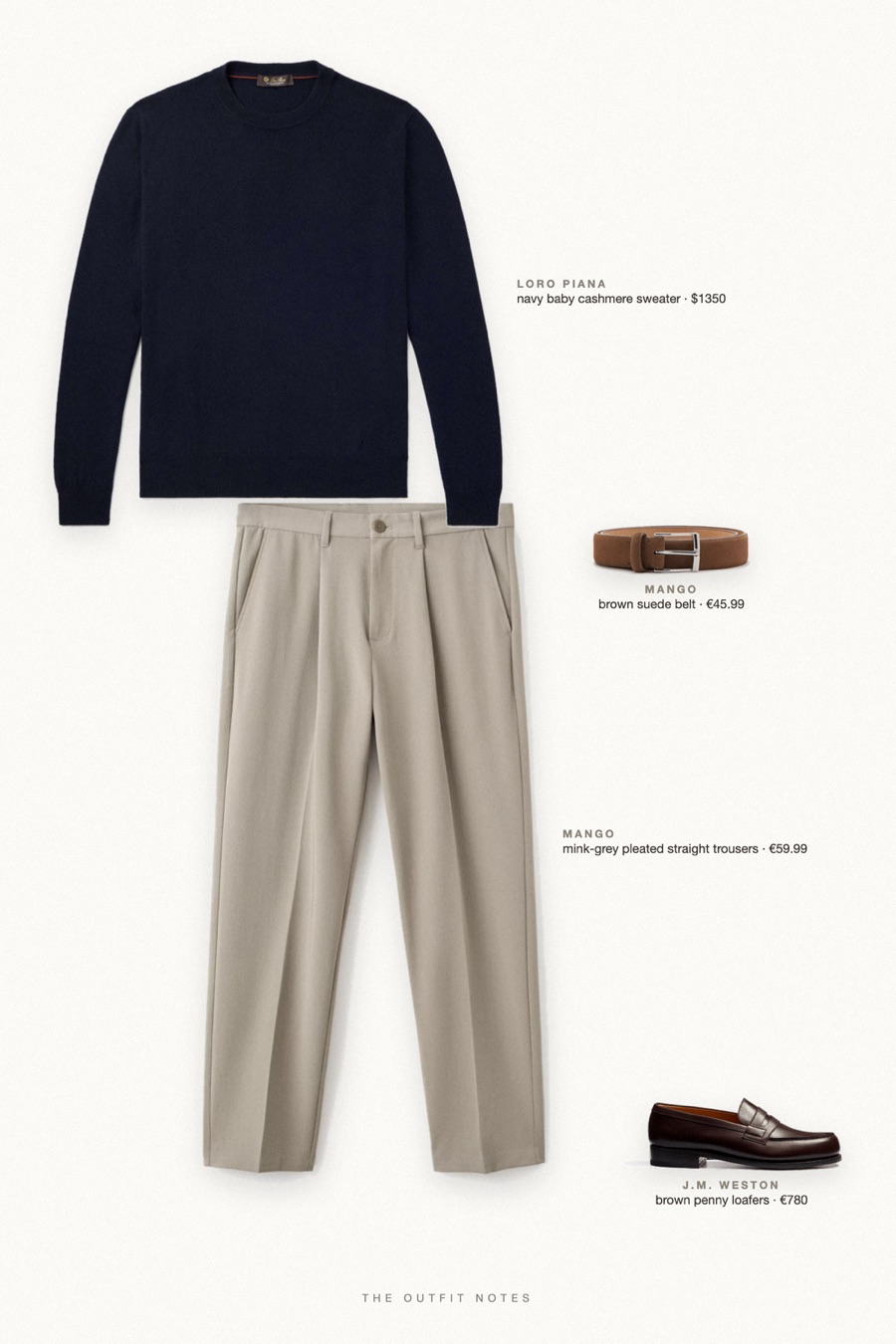 Flat-lay of the pieces in this outfit: navy baby cashmere sweater, mink-grey pleated straight trousers, brown penny loafers, brown suede belt.