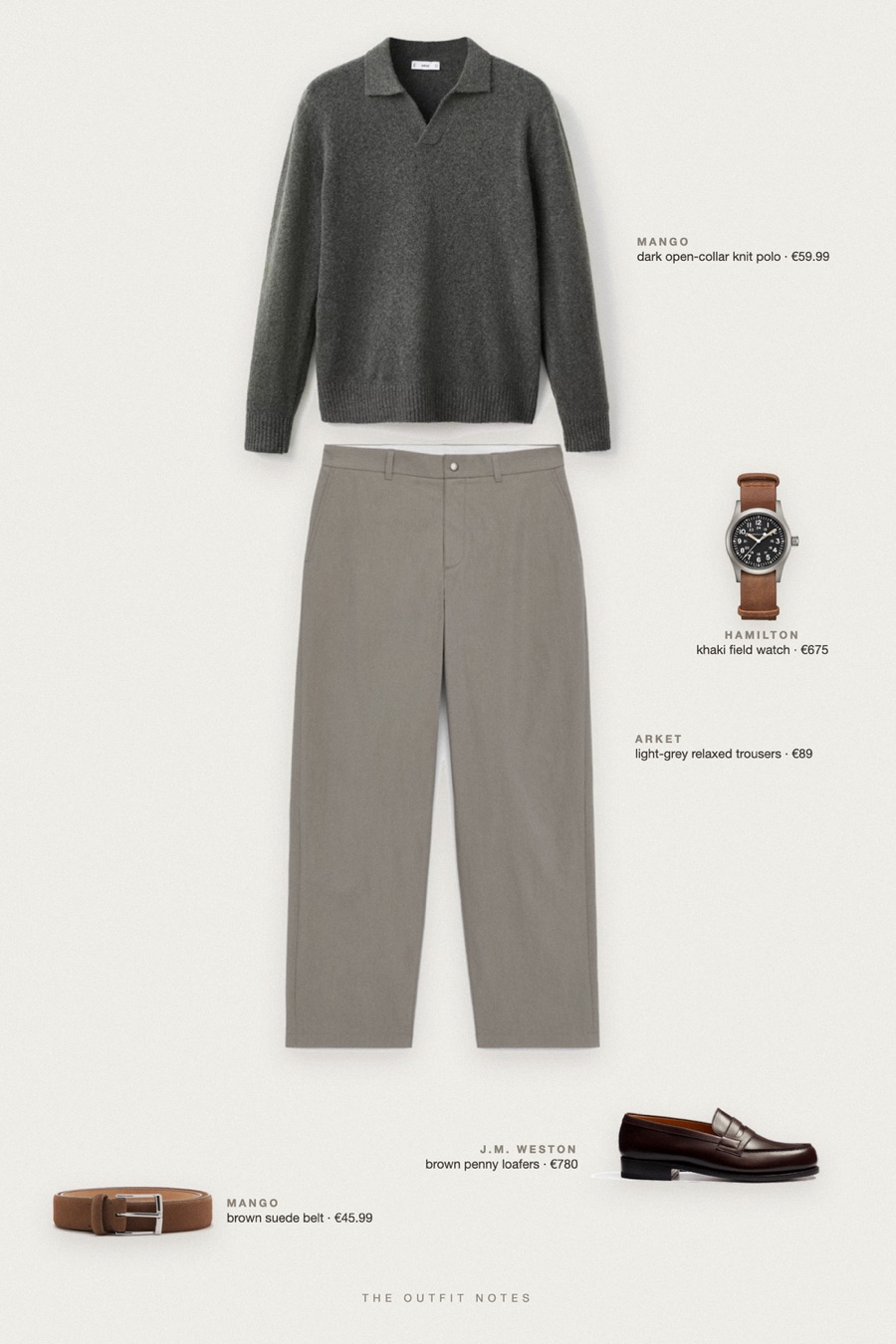 Flat-lay of the pieces in this outfit: dark open-collar knit polo, light-grey relaxed trousers, brown penny loafers, brown suede belt, khaki field watch.