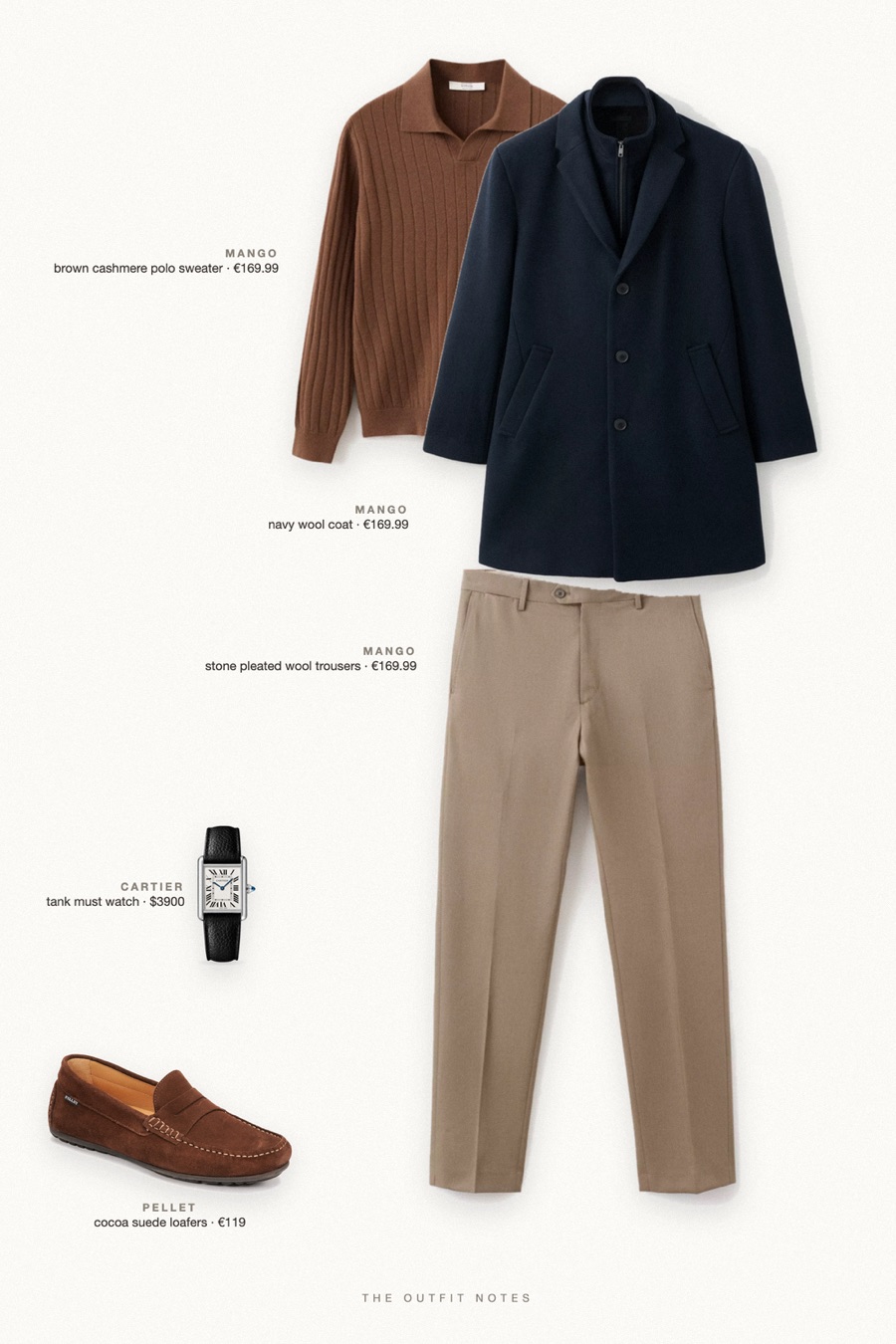 Flat-lay of the pieces in this outfit: navy wool coat, brown cashmere polo sweater, stone pleated wool trousers, cocoa suede loafers, tank must watch.
