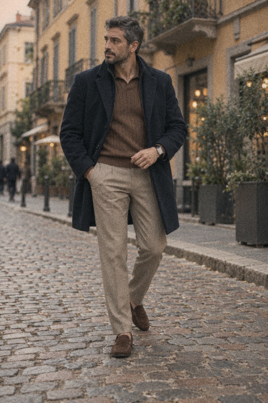 Silver-haired bearded man on a cobbled Milan street wearing a navy wool coat, brown cashmere polo sweater, beige pleated trousers, cocoa suede loafers and a rectangular Cartier watch.