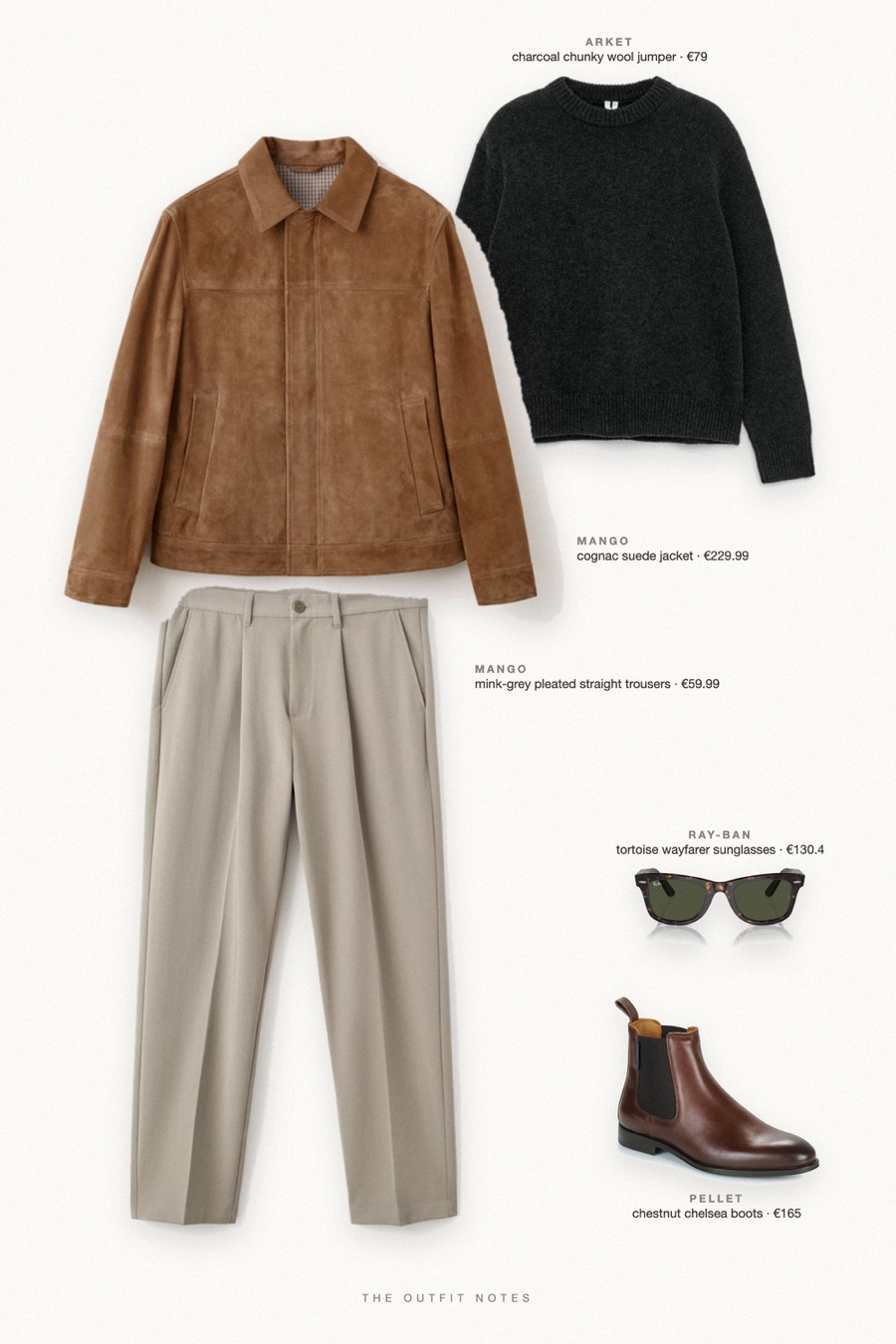 Flat-lay of the pieces in this outfit: cognac suede jacket, charcoal chunky wool jumper, mink-grey pleated straight trousers, chestnut chelsea boots, tortoise wayfarer sunglasses.