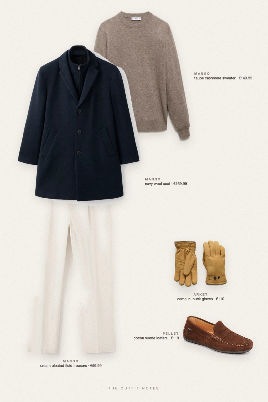 Flat-lay of the pieces in this outfit: navy wool coat, taupe cashmere sweater, cream pleated fluid trousers, cocoa suede loafers, camel nubuck gloves.