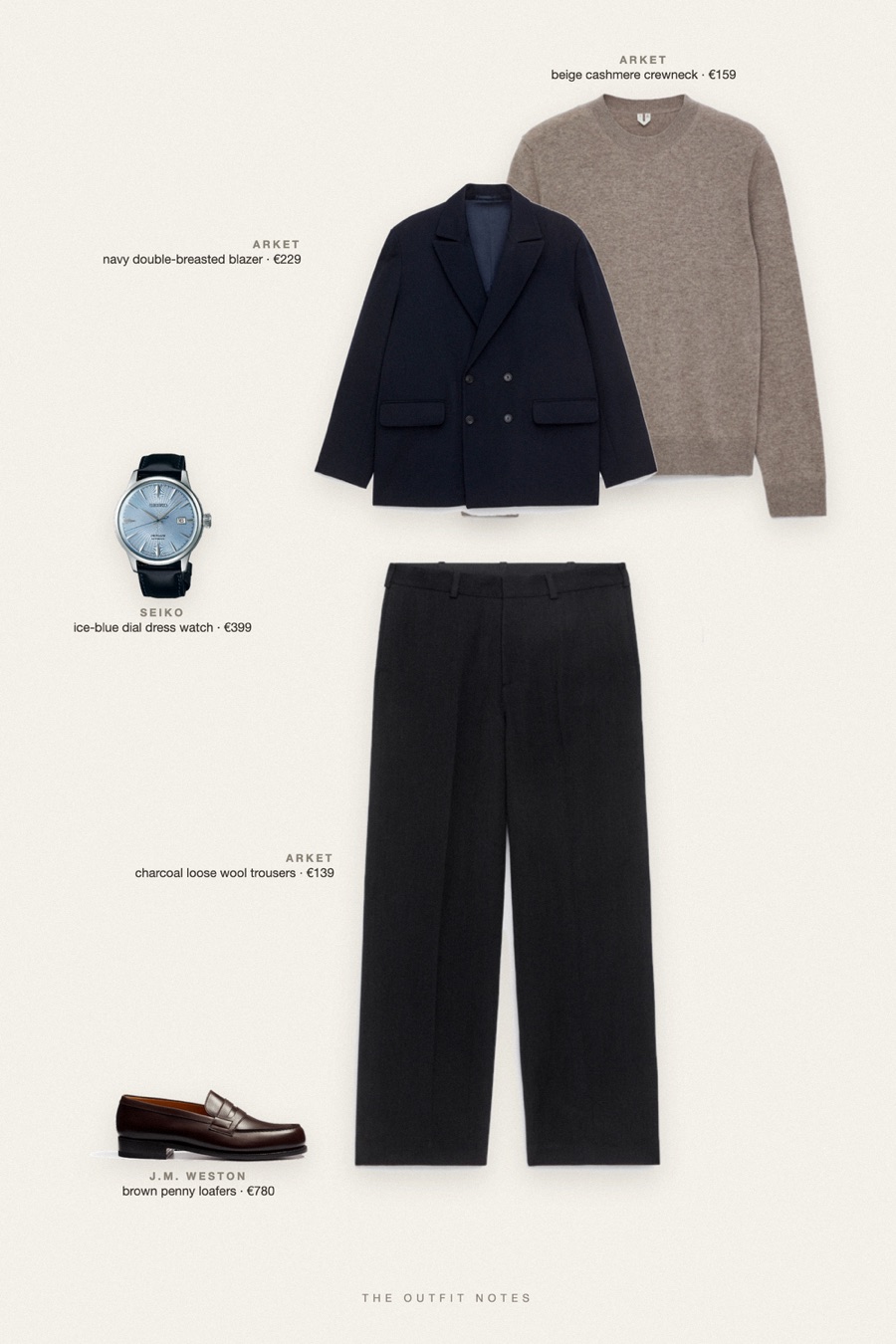 Flat-lay of the pieces in this outfit: navy double-breasted blazer, beige cashmere crewneck, charcoal loose wool trousers, brown penny loafers, ice-blue dial dress watch.