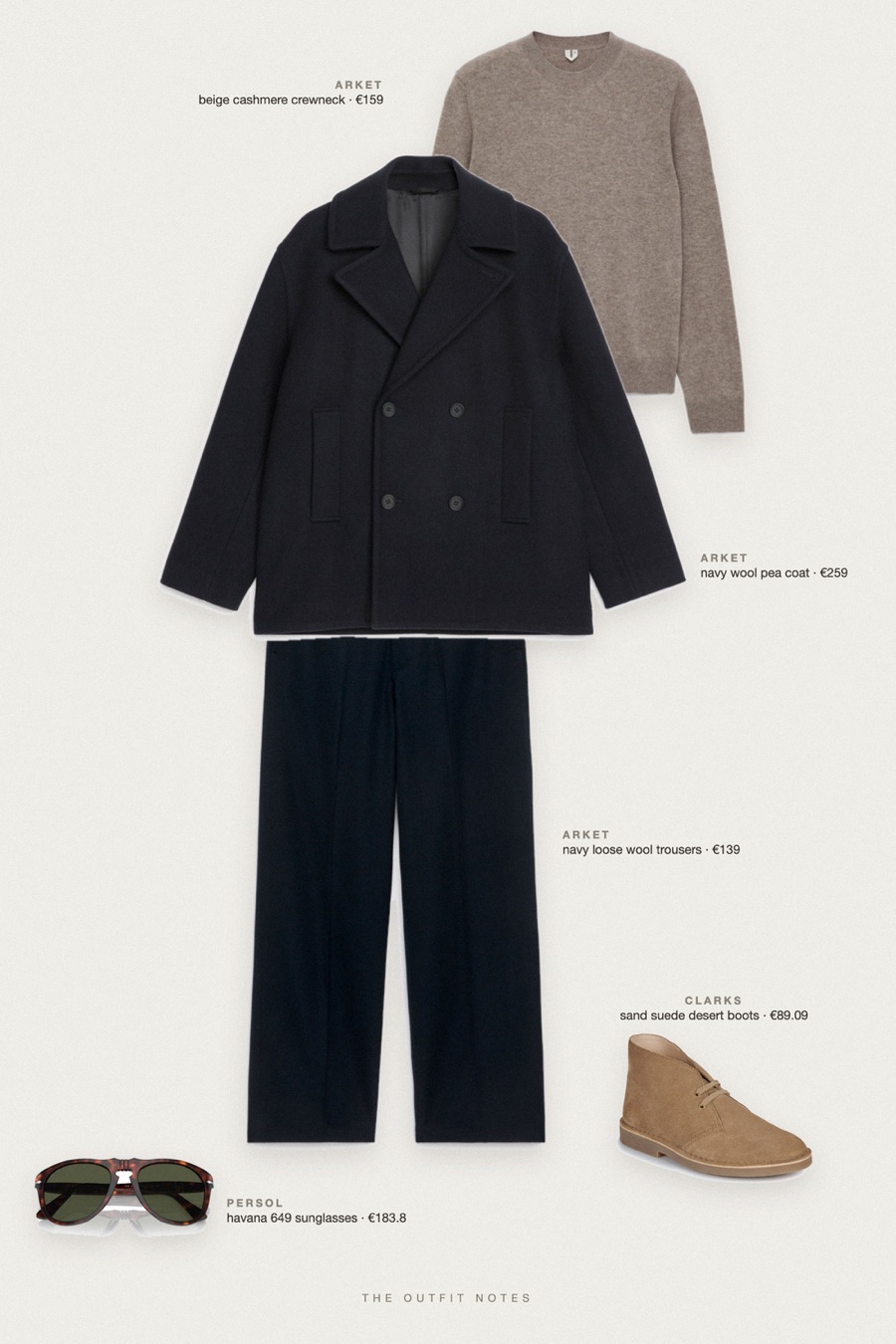 Flat-lay of the pieces in this outfit: navy wool pea coat, beige cashmere crewneck, navy loose wool trousers, sand suede desert boots, havana 649 sunglasses.