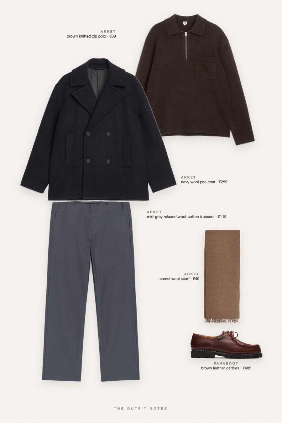 Flat-lay of the pieces in this outfit: navy wool pea coat, brown knitted zip polo, mid-grey relaxed wool-cotton trousers, brown leather derbies, camel wool scarf.