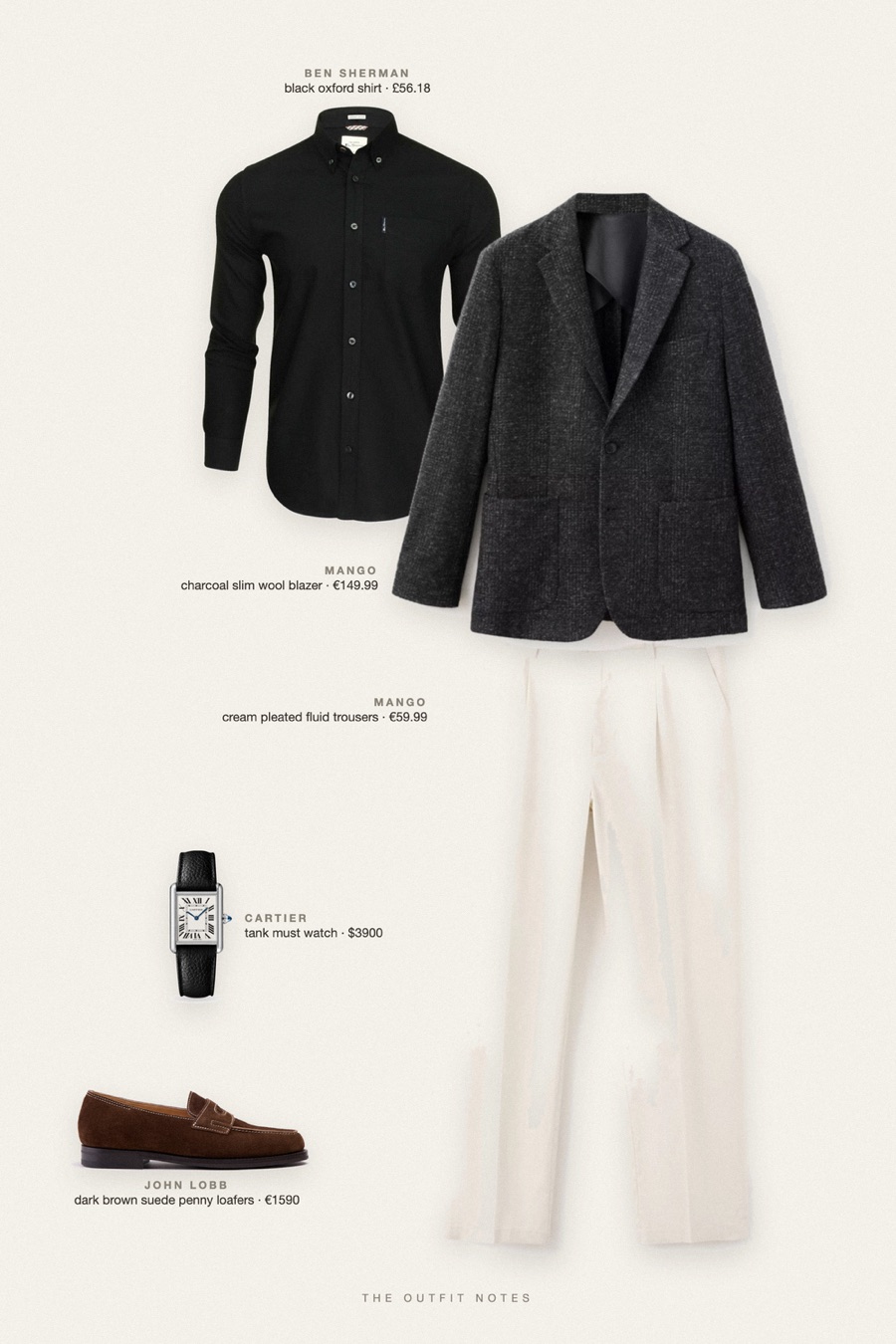 Flat-lay of the pieces in this outfit: charcoal slim wool blazer, black oxford shirt, cream pleated fluid trousers, dark brown suede penny loafers, tank must watch.