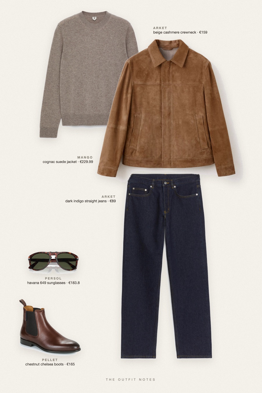 Flat-lay of the pieces in this outfit: cognac suede jacket, beige cashmere crewneck, dark indigo straight jeans, chestnut chelsea boots, havana 649 sunglasses.