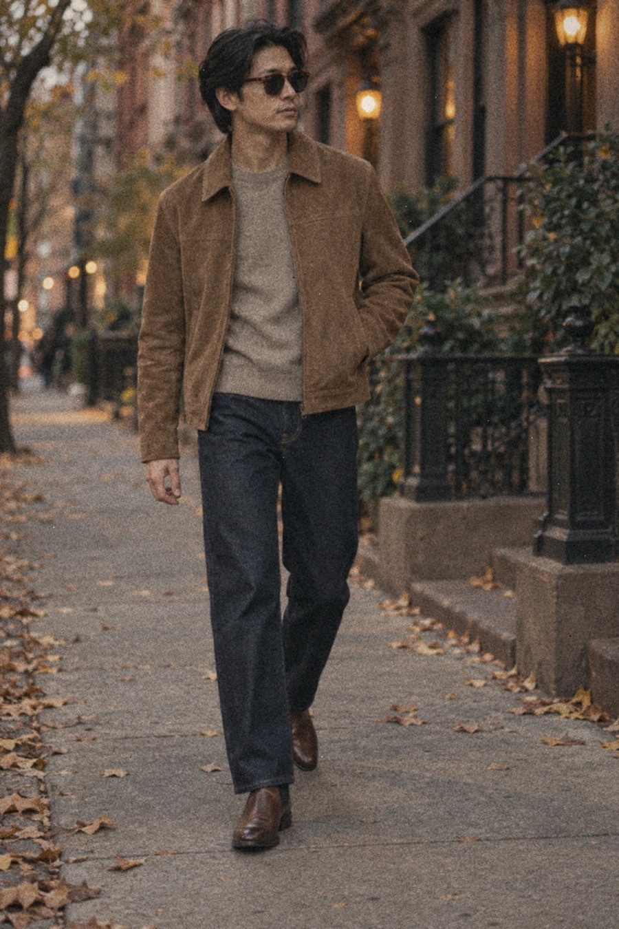 Man with swept-back black hair on a West Village street at dusk, wearing a cognac suede jacket, cream cashmere jumper, dark indigo jeans, chestnut Chelsea boots and havana Persol sunglasses.
