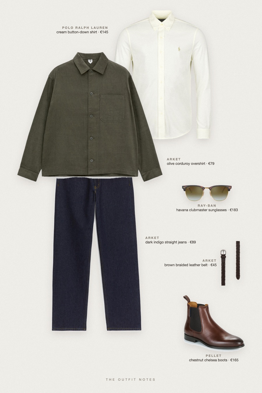 Flat-lay of the pieces in this outfit: olive corduroy overshirt, cream button-down shirt, dark indigo straight jeans, chestnut chelsea boots, brown braided leather belt, havana clubmaster sunglasses.