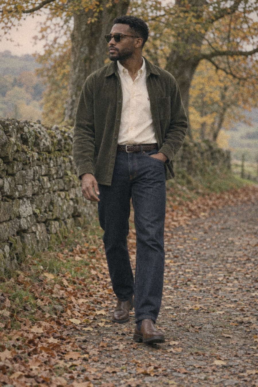 Man with short hair and a trimmed beard on a countryside path among autumn trees, wearing an olive corduroy overshirt, cream oxford shirt, dark indigo jeans, chestnut Chelsea boots and tortoise sunglasses.