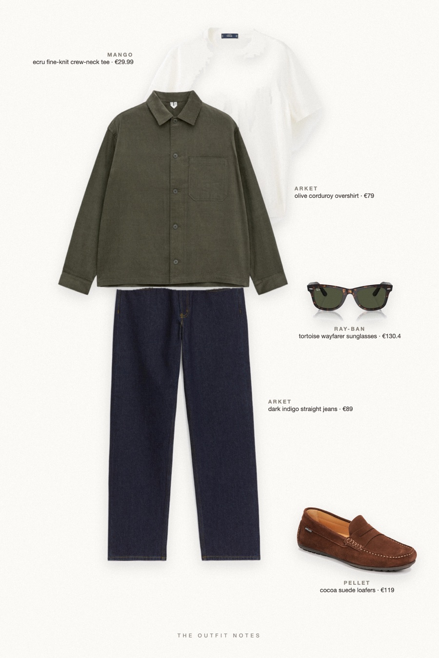 Flat-lay of the pieces in this outfit: olive corduroy overshirt, ecru fine-knit crew-neck tee, dark indigo straight jeans, cocoa suede loafers, tortoise wayfarer sunglasses.