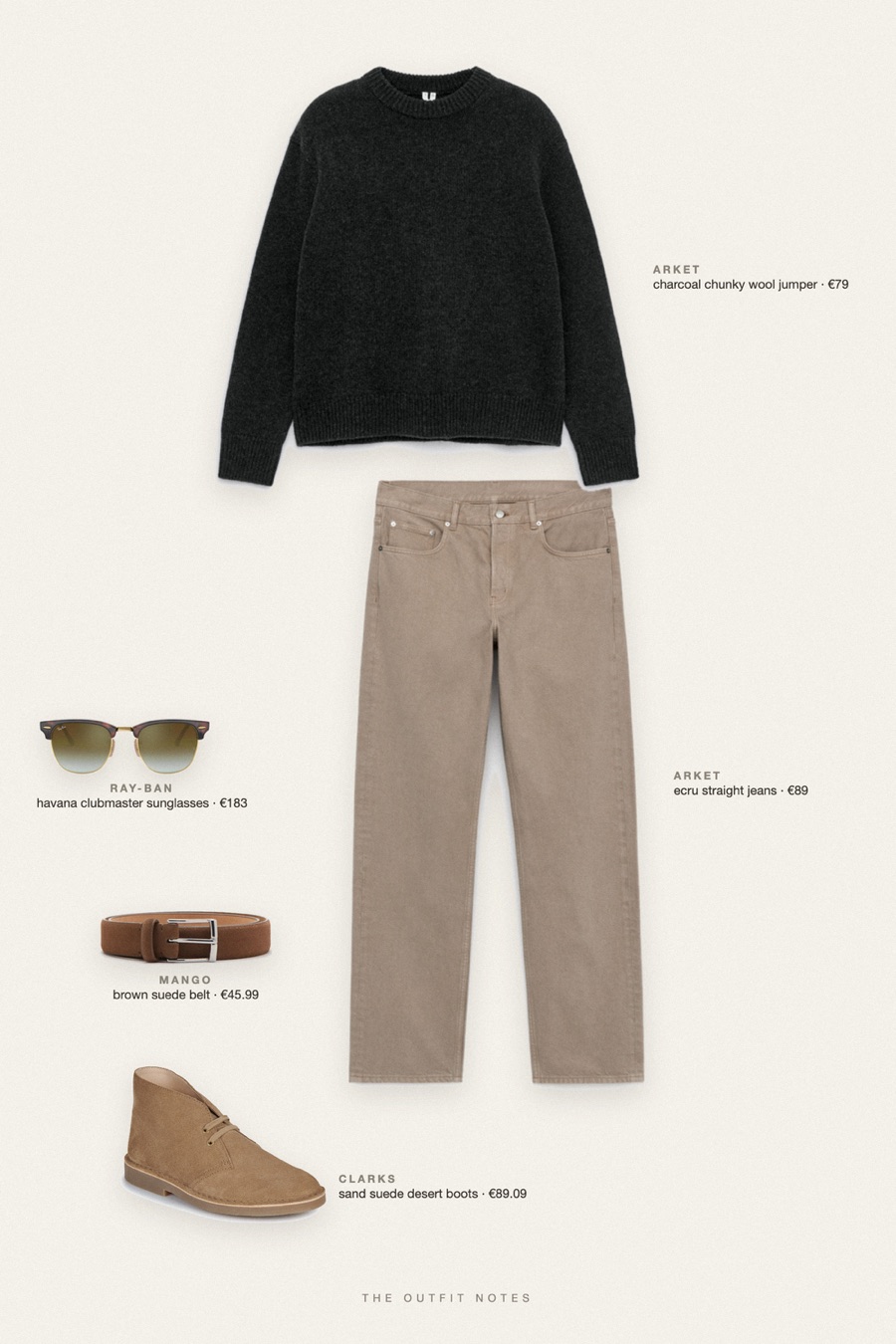 Flat-lay of the pieces in this outfit: charcoal chunky wool jumper, ecru straight jeans, sand suede desert boots, brown suede belt, havana clubmaster sunglasses.