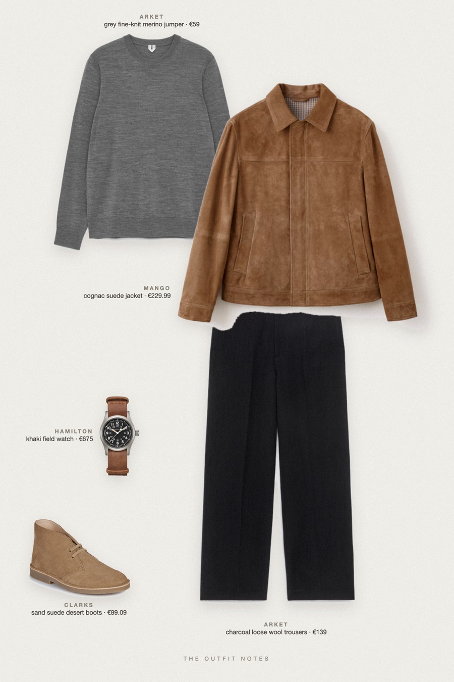 Flat-lay of the pieces in this outfit: cognac suede jacket, grey fine-knit merino jumper, charcoal loose wool trousers, sand suede desert boots, khaki field watch.