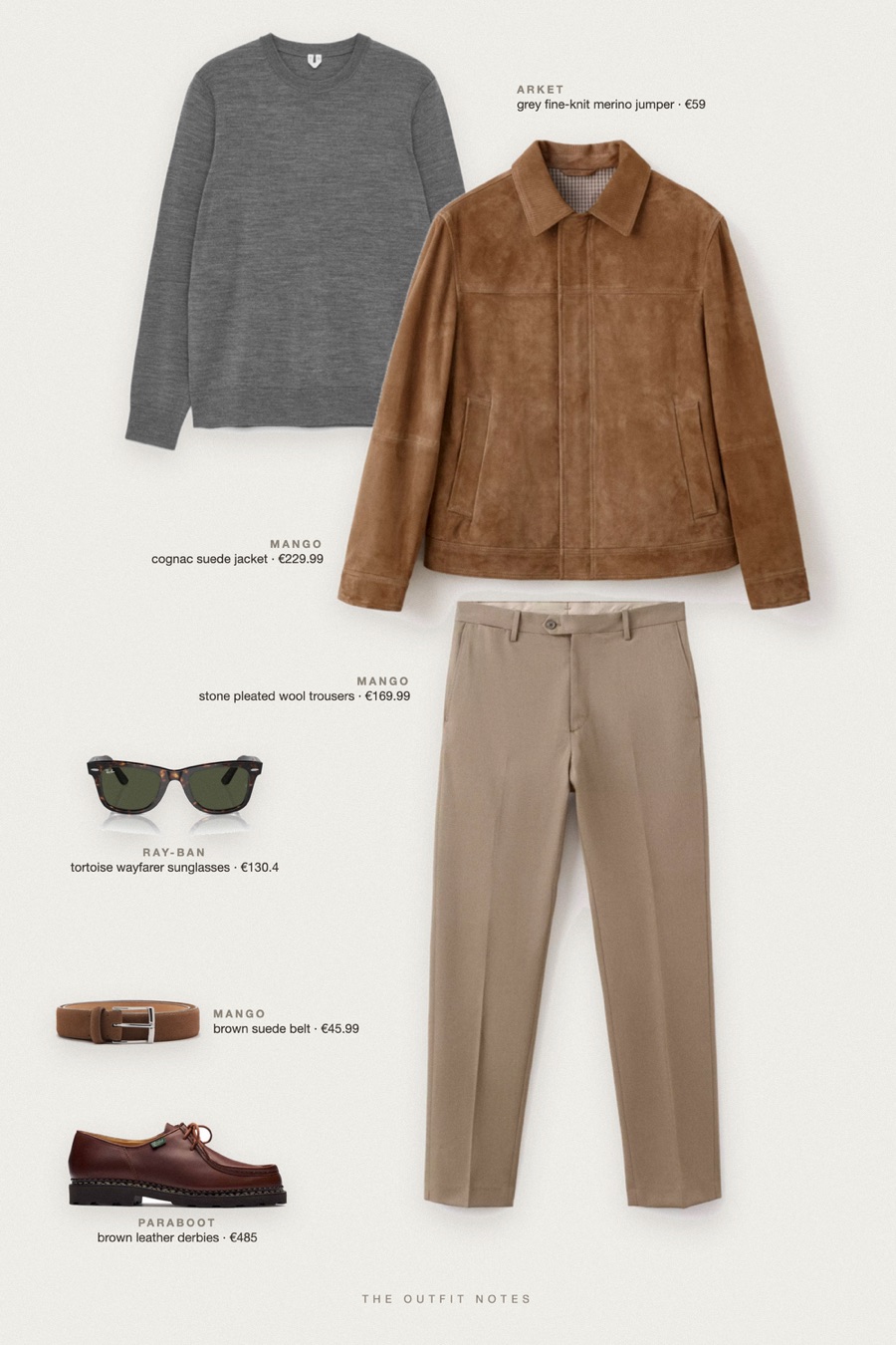 Flat-lay of the pieces in this outfit: cognac suede jacket, grey fine-knit merino jumper, stone pleated wool trousers, brown suede belt, brown leather derbies, tortoise wayfarer sunglasses.