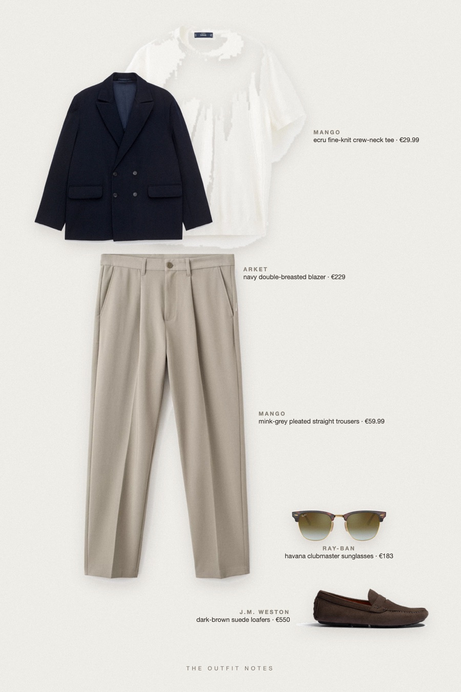 Flat-lay of the pieces in this outfit: navy double-breasted blazer, ecru fine-knit crew-neck tee, mink-grey pleated straight trousers, dark-brown suede loafers, havana clubmaster sunglasses.